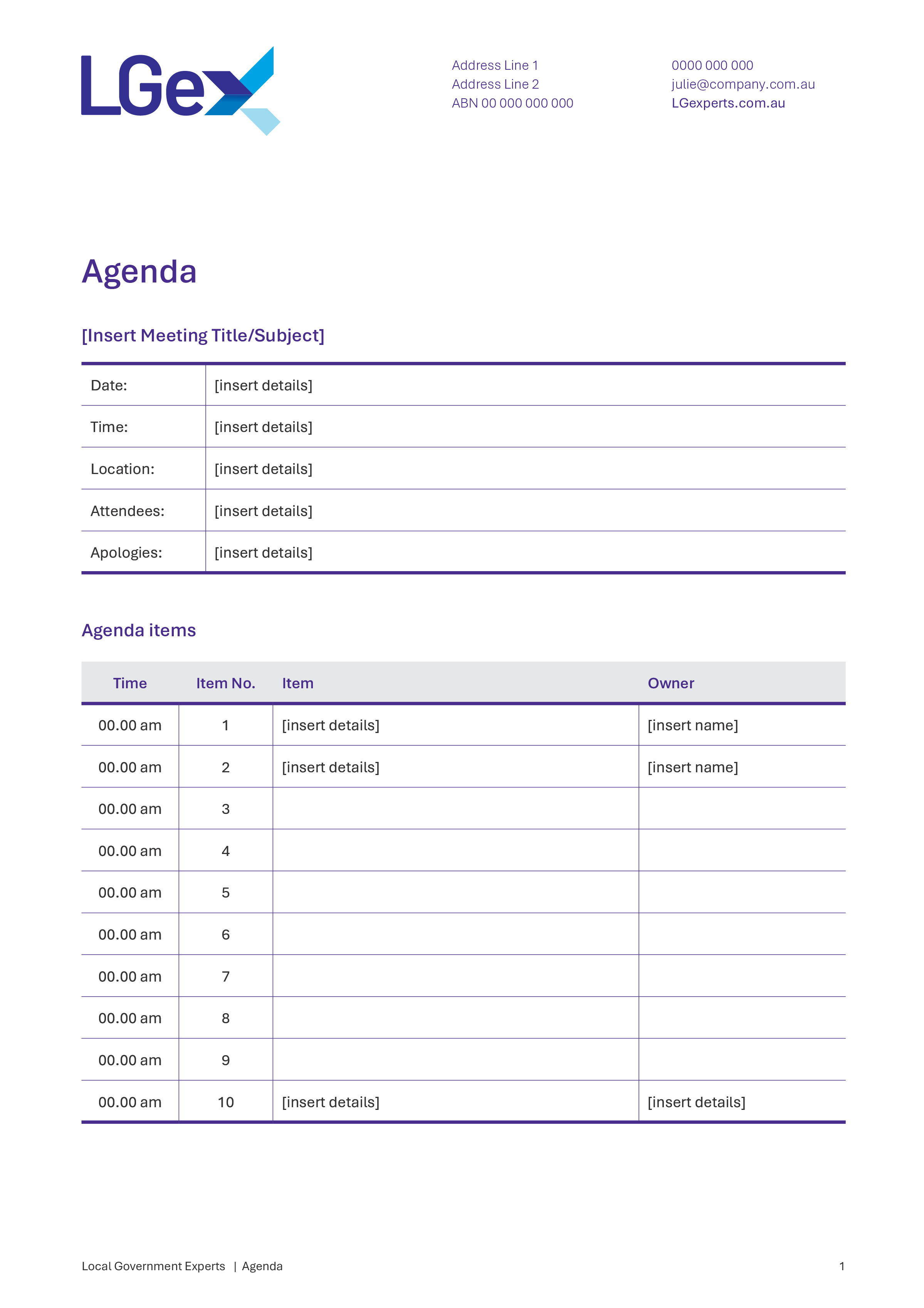 Local Government Experts - Word A4 Agenda template with logo top left, then tables fill out the page