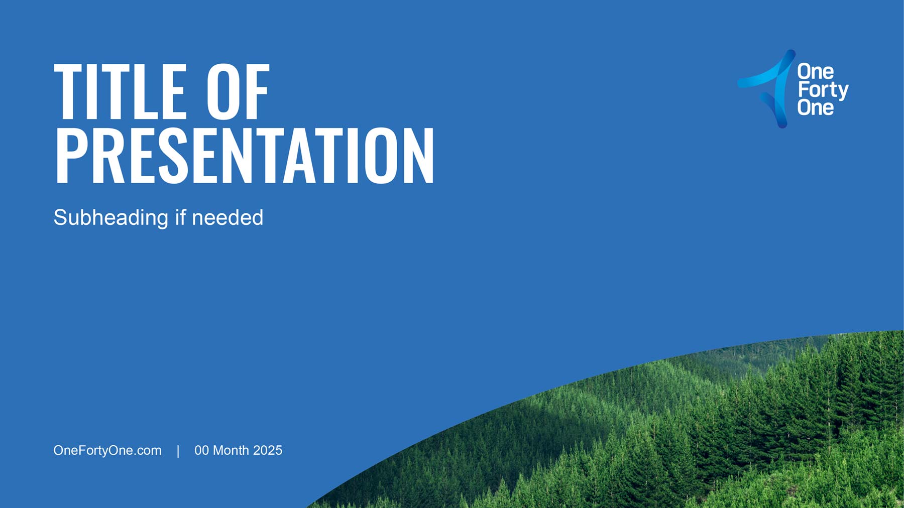 OneFortyOne templates - widescreen presentation template cover in blue with a curved area in the bottom right that has an aerial forest image.