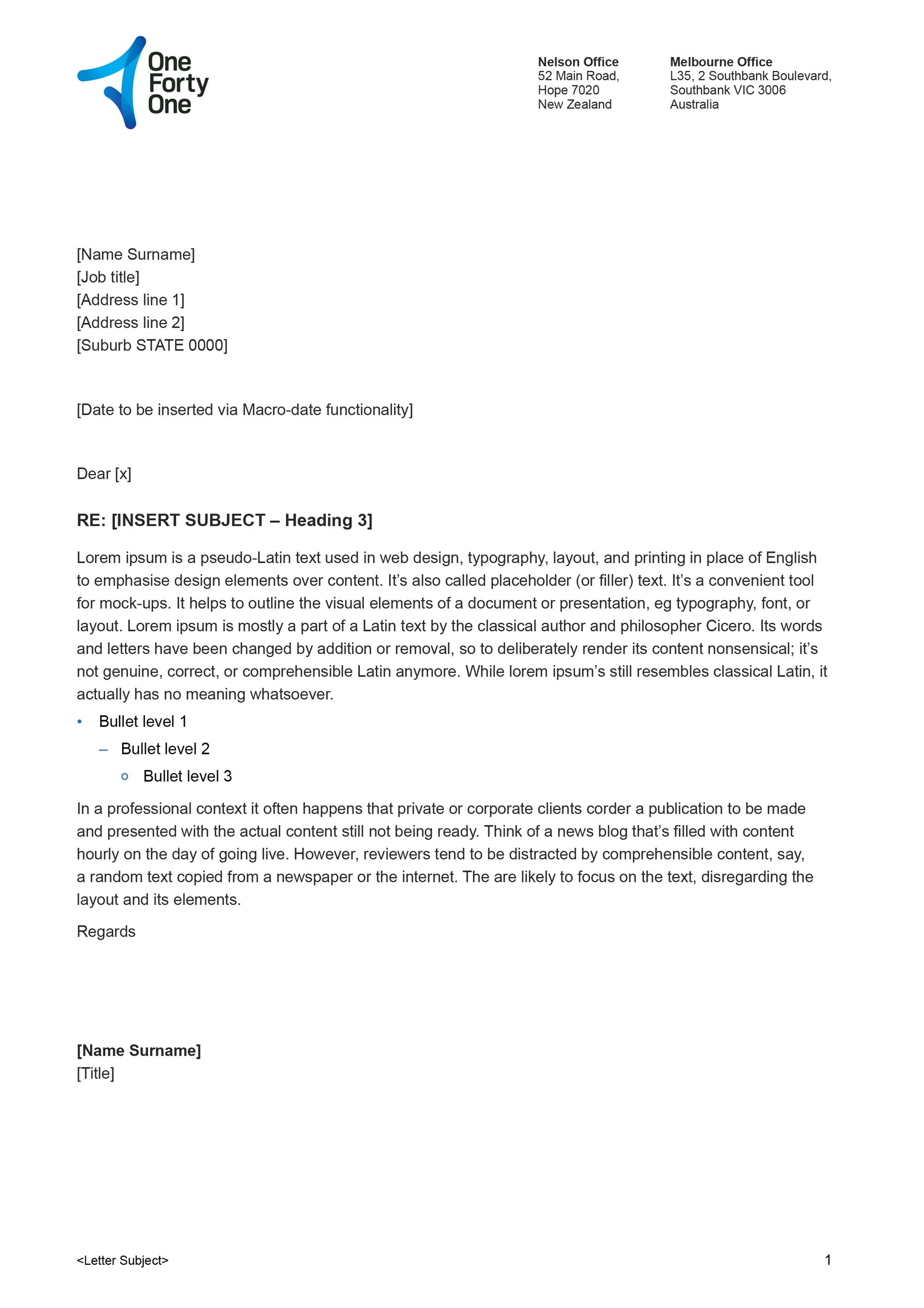 OneFortyOne templates - A4 letterhead template with logo top left and page full of text