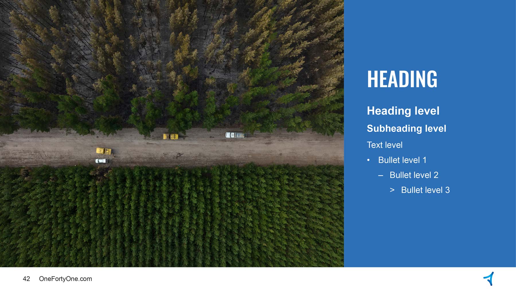 OneFortyOne templates - widescreen presentation template with forest image on left and text block on blue at right