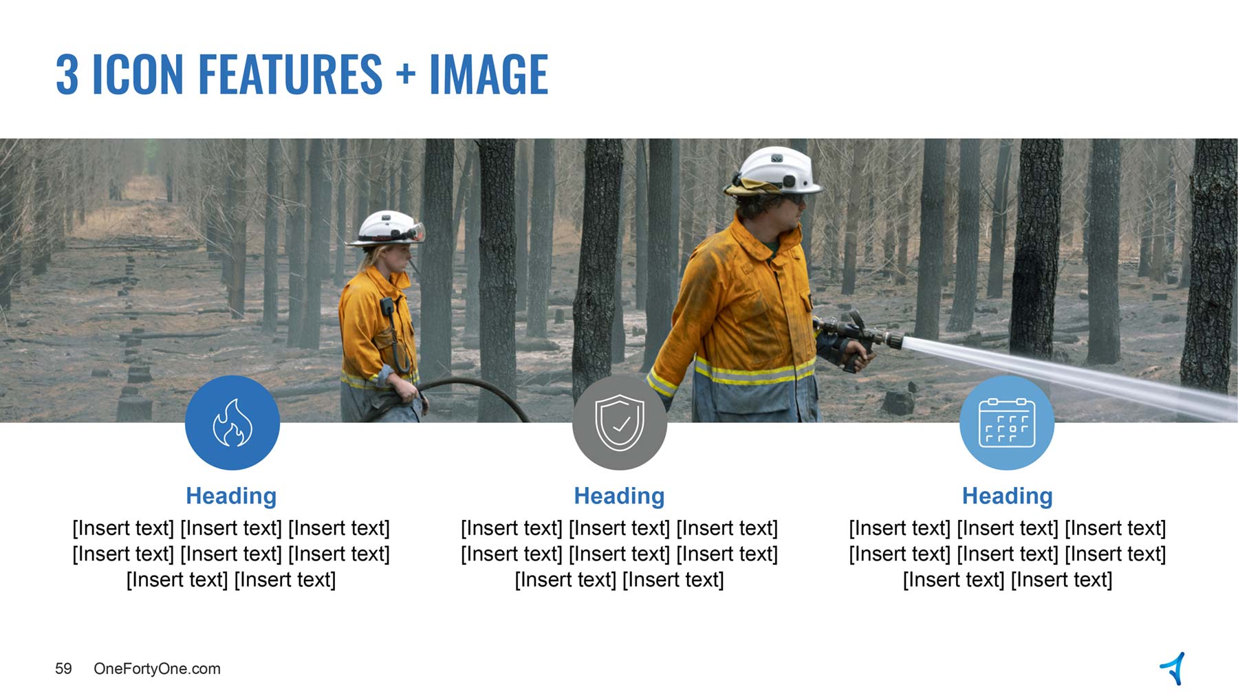 OneFortyOne templates - widescreen presentation template with image of firefighters, then three icons in circles with text underneath each one