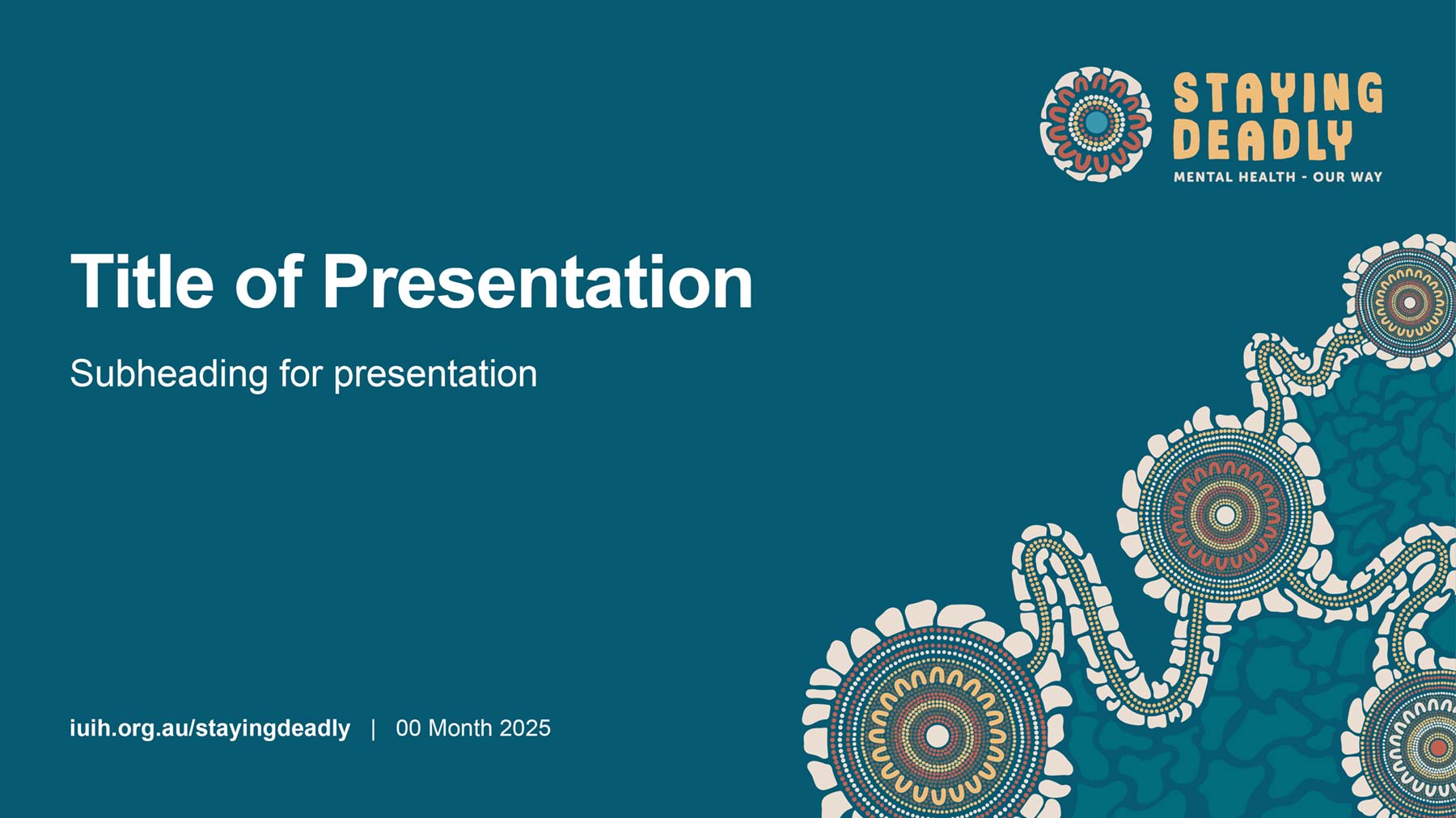 IUIH PowerPoint widescreen presentation template with logo at top, Indigenous artwork at bottom right, then the heading on the left
