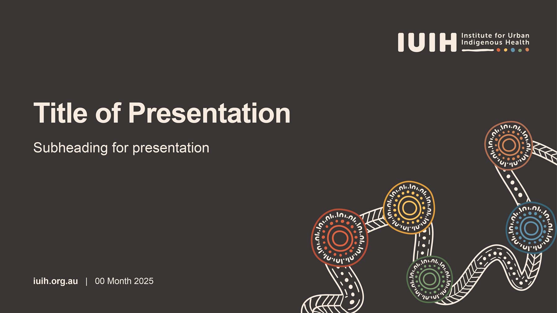IUIH PowerPoint widescreen presentation template with logo at top, Indigenous artwork at bottom right, then the heading on the left