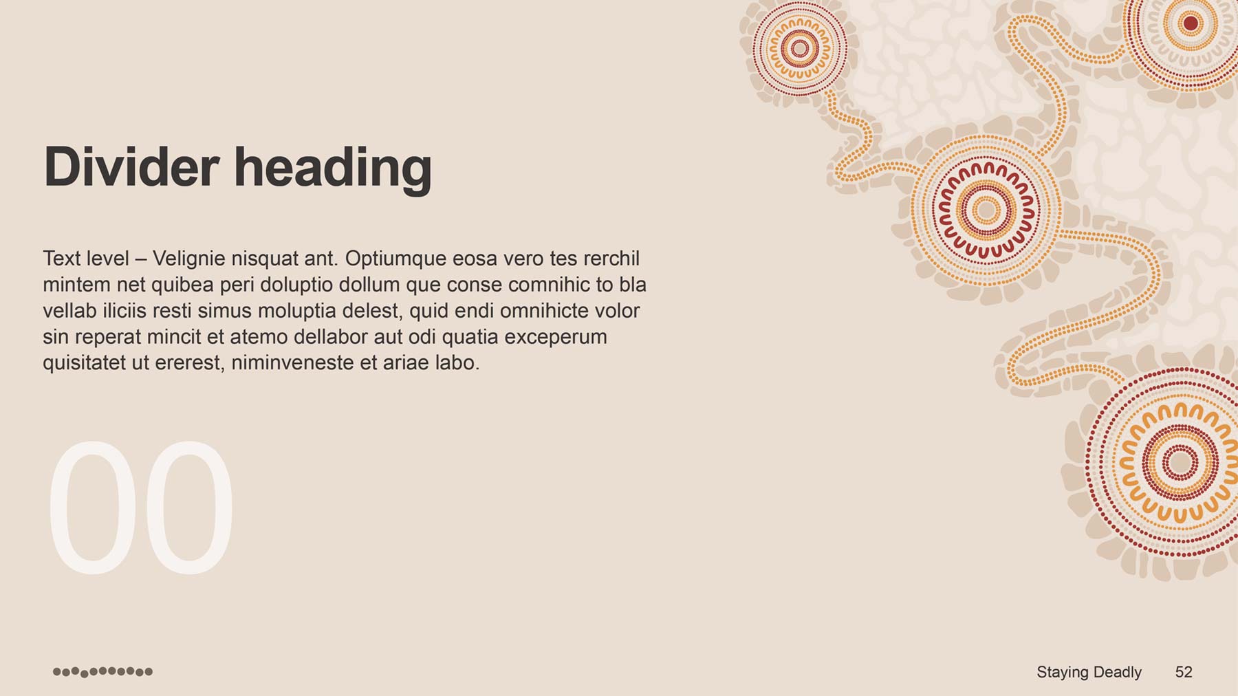 IUIH PowerPoint widescreen presentation template divider page with Indigenous artwork at top right, then heading and text on left