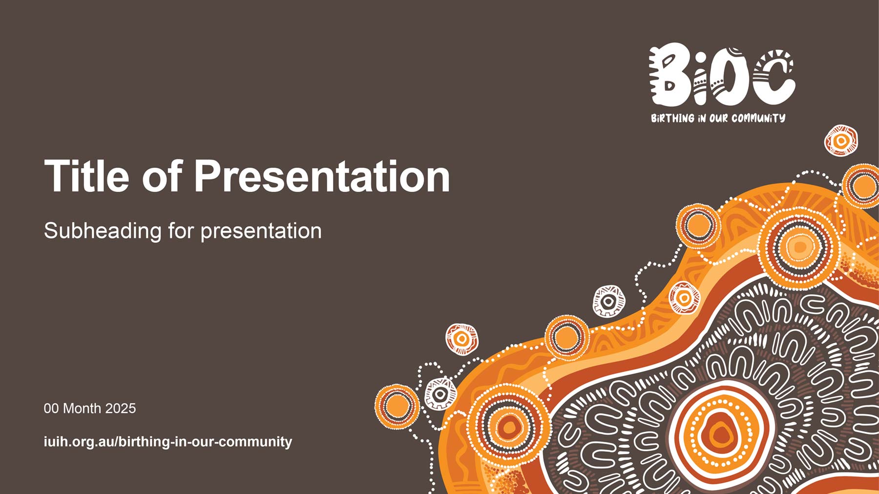 IUIH PowerPoint widescreen presentation template with logo at top, Indigenous artwork at bottom right, then the heading on the left