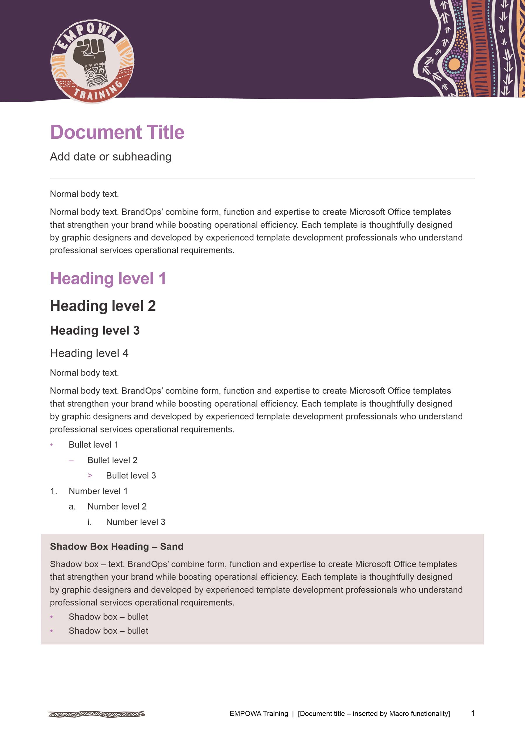 IUIH poster - Word A4 template - with Indigenous graphics in header band, then a page full of text styles.