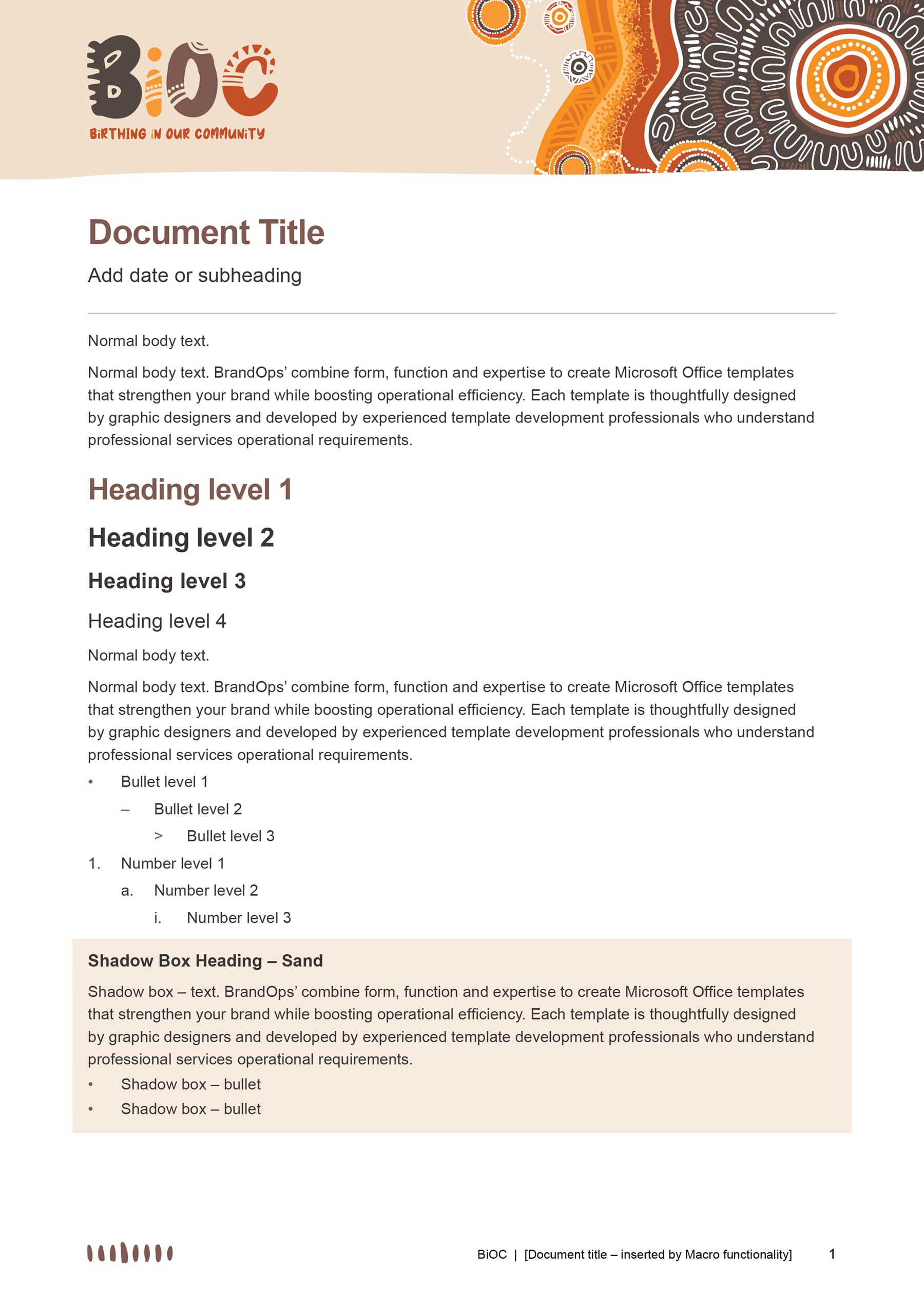 IUIH poster - Word A4 template - with Indigenous graphics in header band, then a page full of text styles.