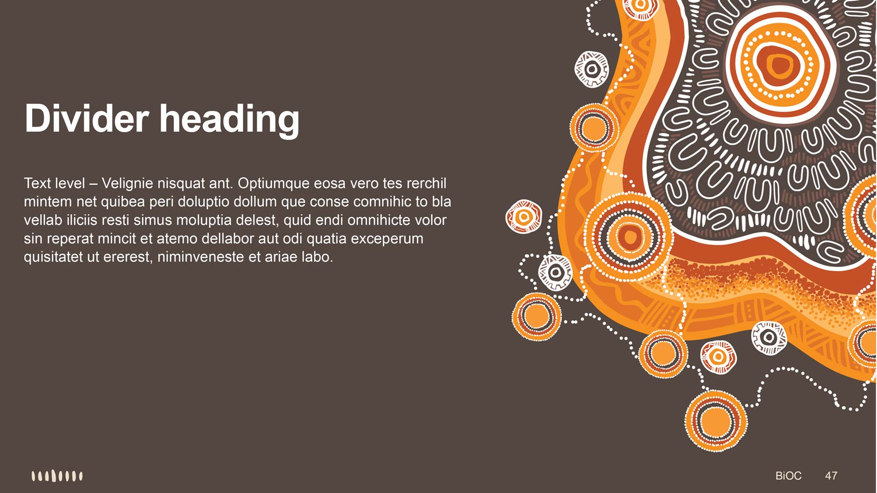 IUIH PowerPoint widescreen presentation template divider page with Indigenous artwork at top right, then heading and text on left