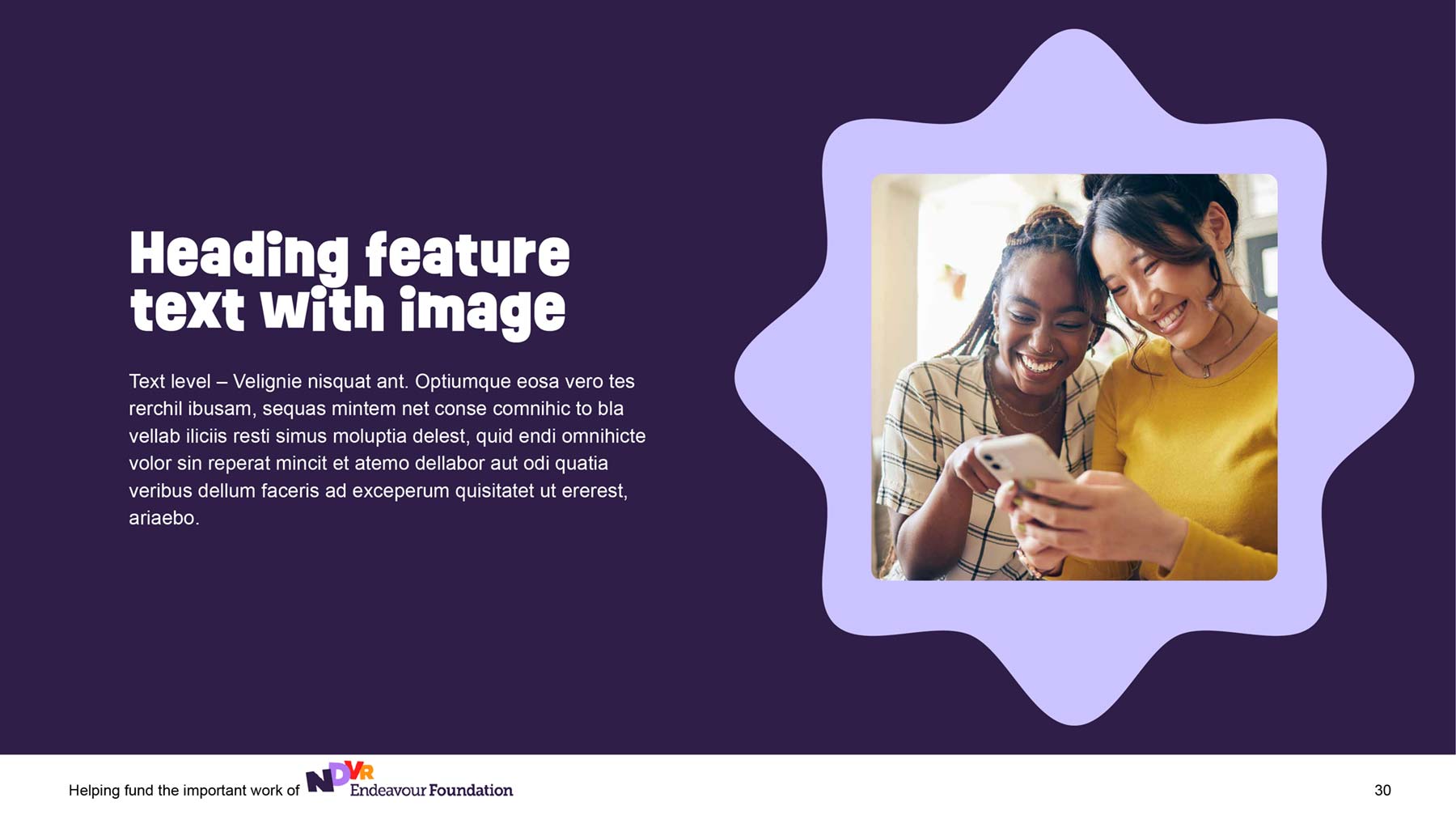 Endeavour Lotteries widescreen PowerPoint presentation page with brand graphics with images of two women inside the brand graphic. Text on left.