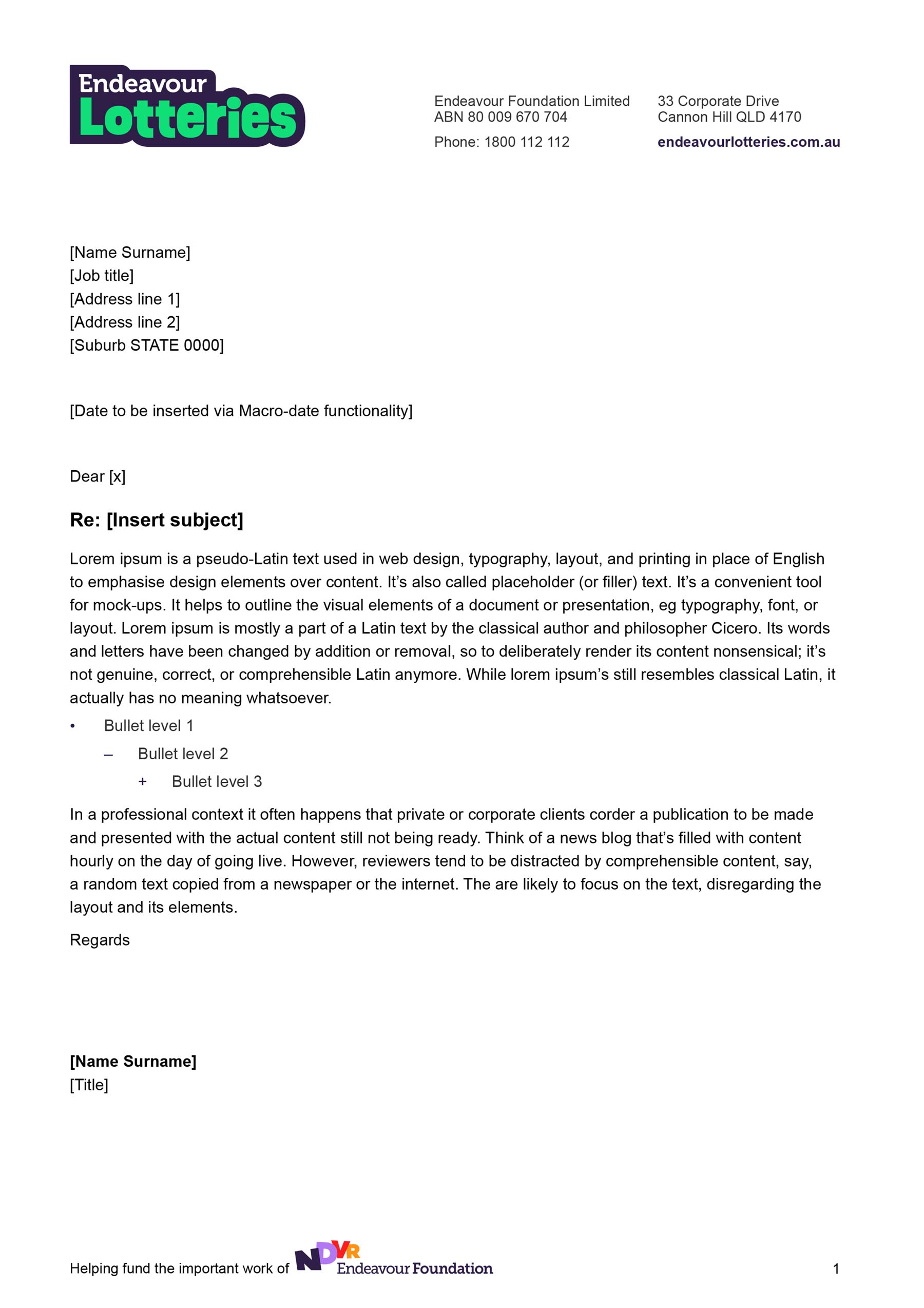 Endeavour Lotteries A4 Word letterhead template with logo top left