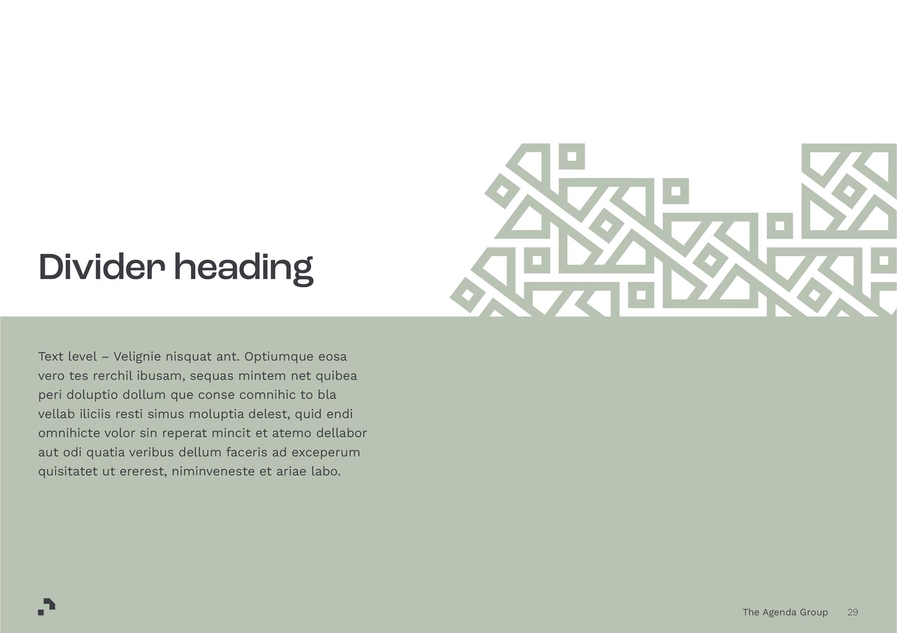 The Agenda Group A4 PowerPoint front cover with horizontal half-half graphic, text on left