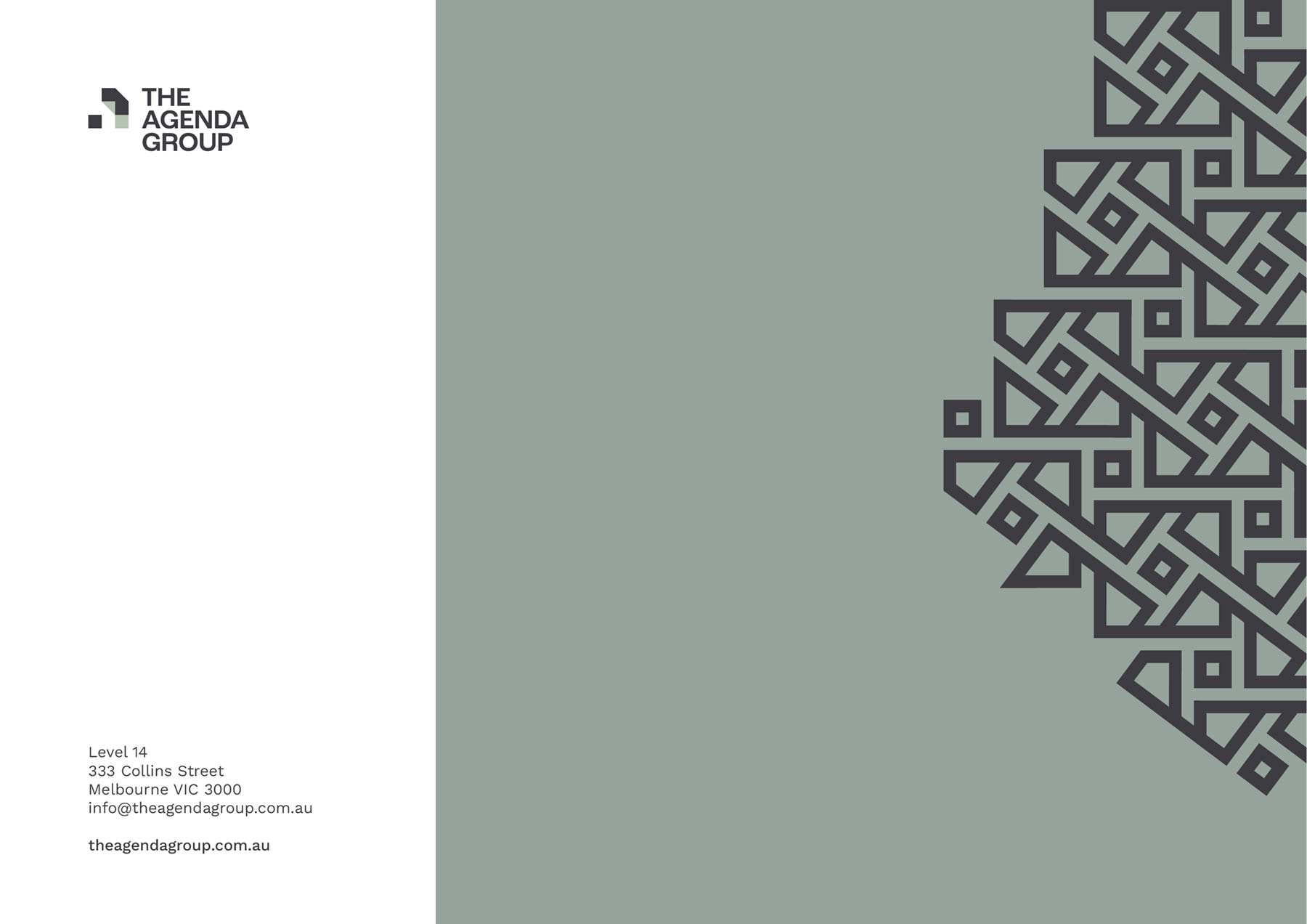 The Agenda Group A4 PowerPoint front cover with vertical half-half graphic, text and logo on left