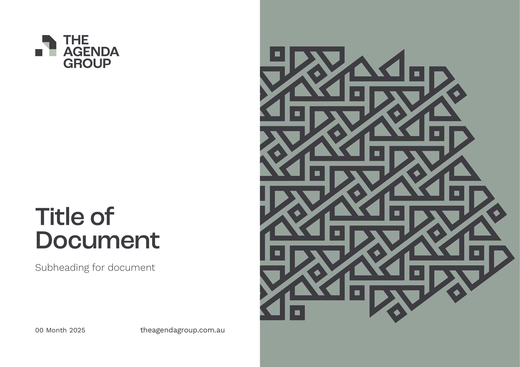 The Agenda Group A4 PowerPoint front cover with vertical half-half graphic, text and logo on left
