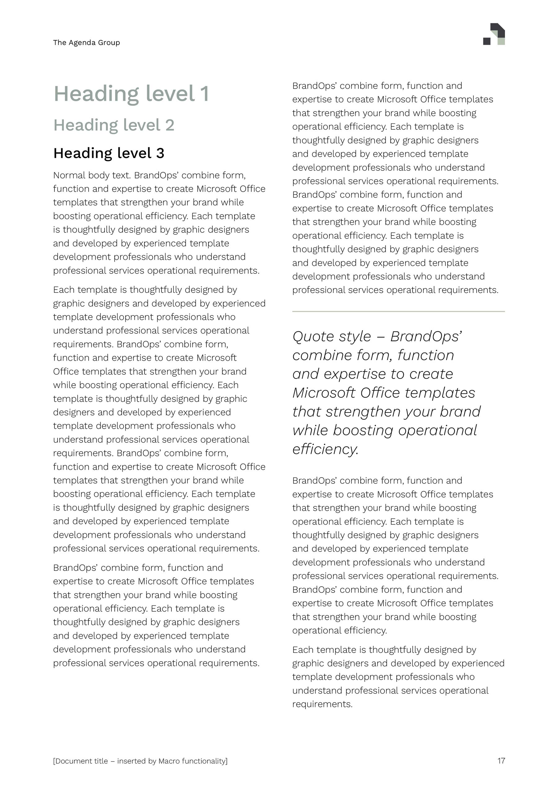 The Agenda Group A4 Word template layout in two columns