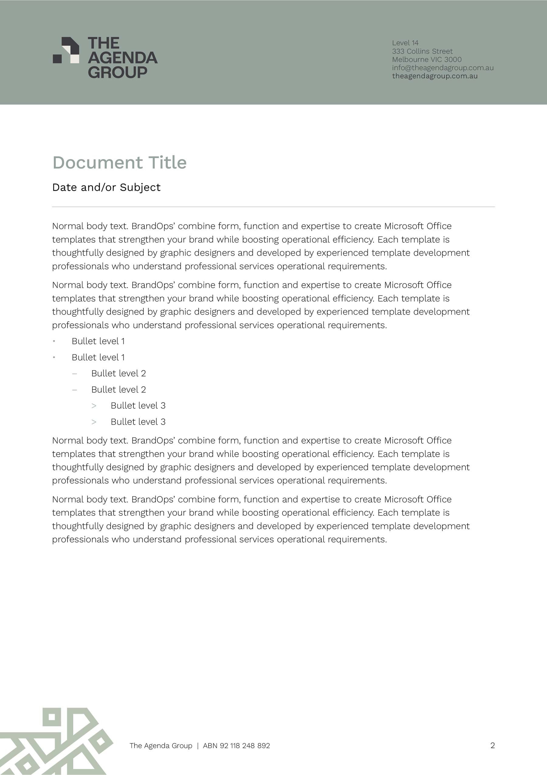 The Agenda Group A4 Word template general document with green coloured header bar