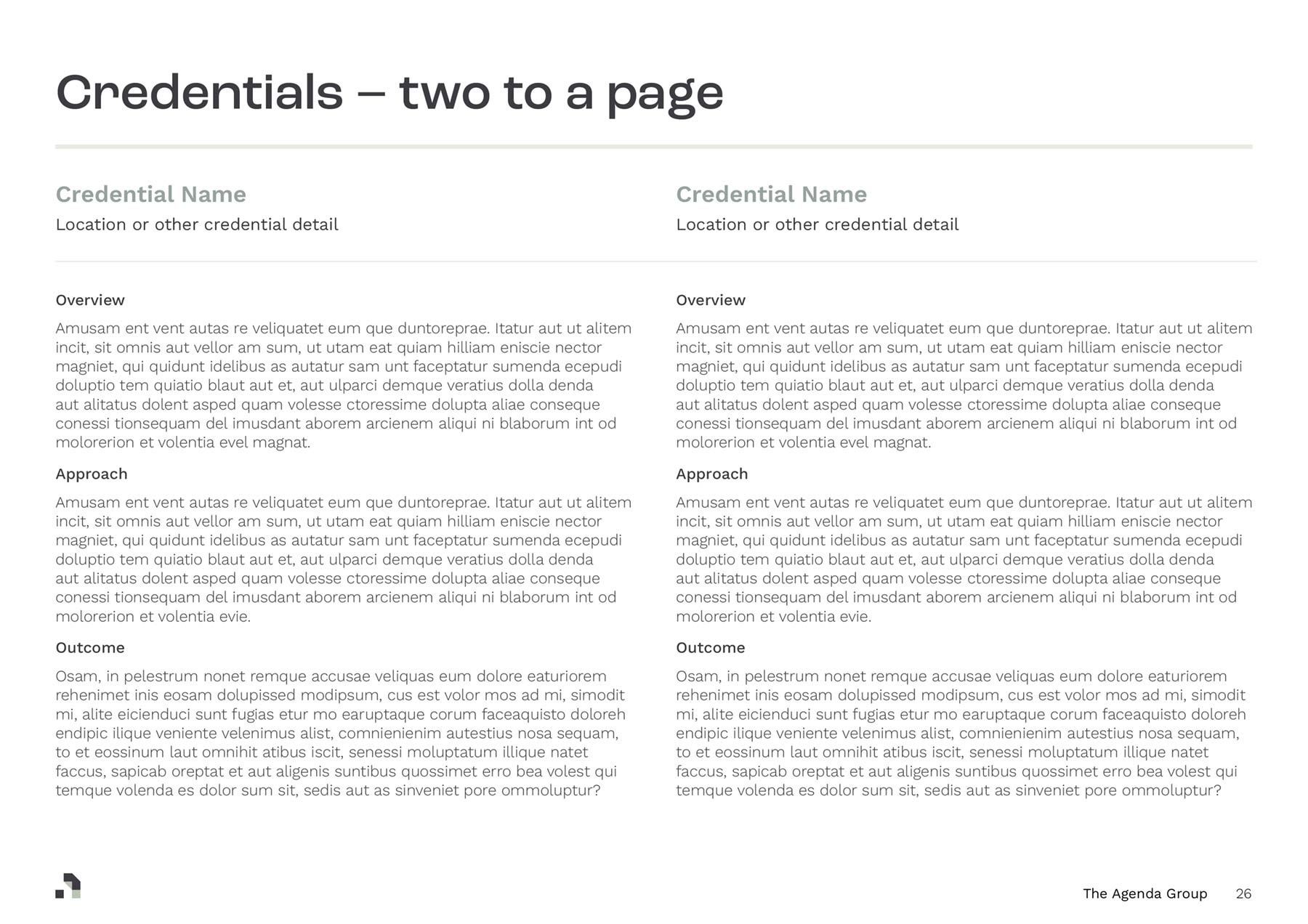 The Agenda Group A4 PowerPoint template credentials page in two columns