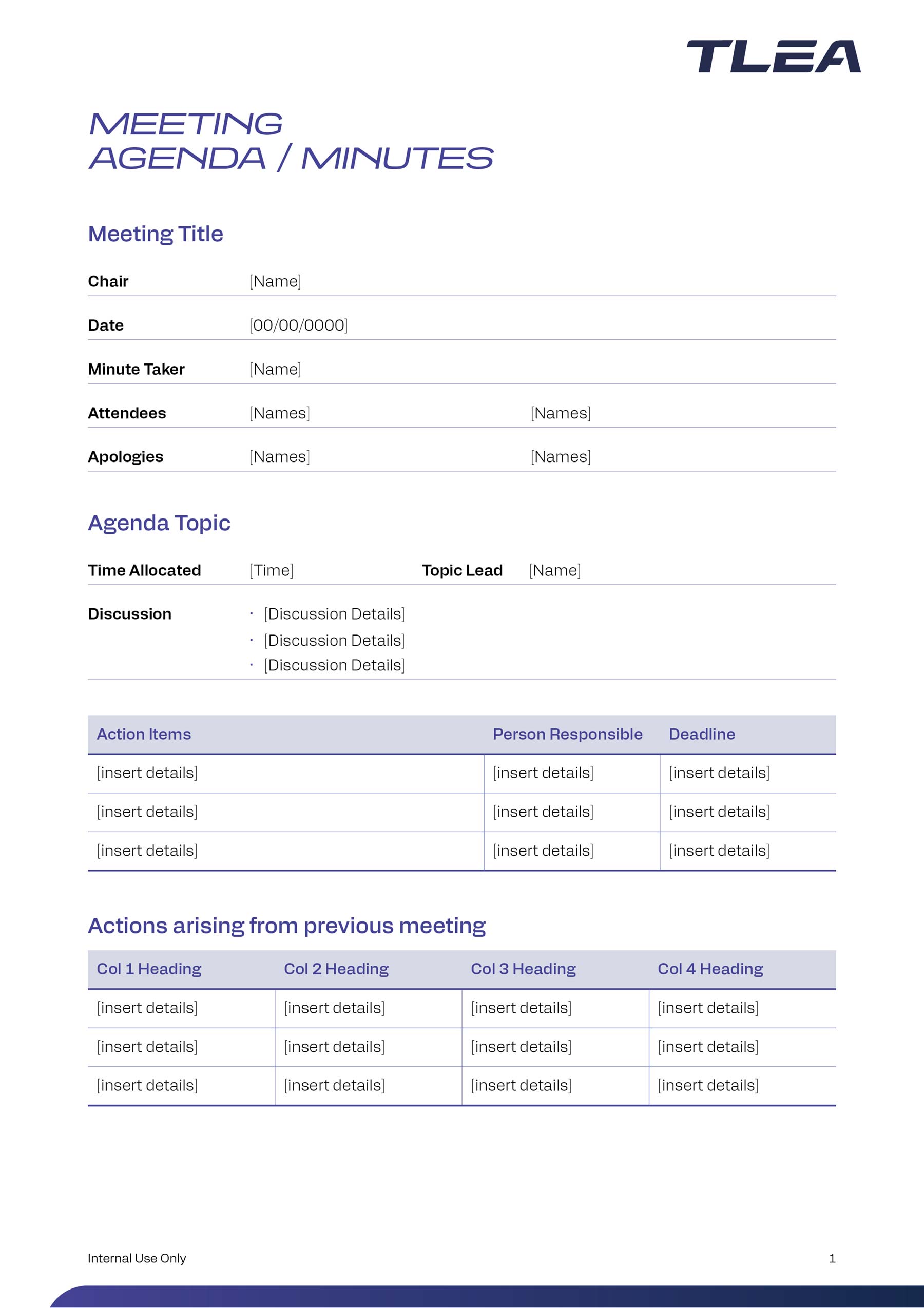 TLEA A4 Agenda template with purple banner at bottom, no banner at top, logo at top, and a page of headings, text and tables