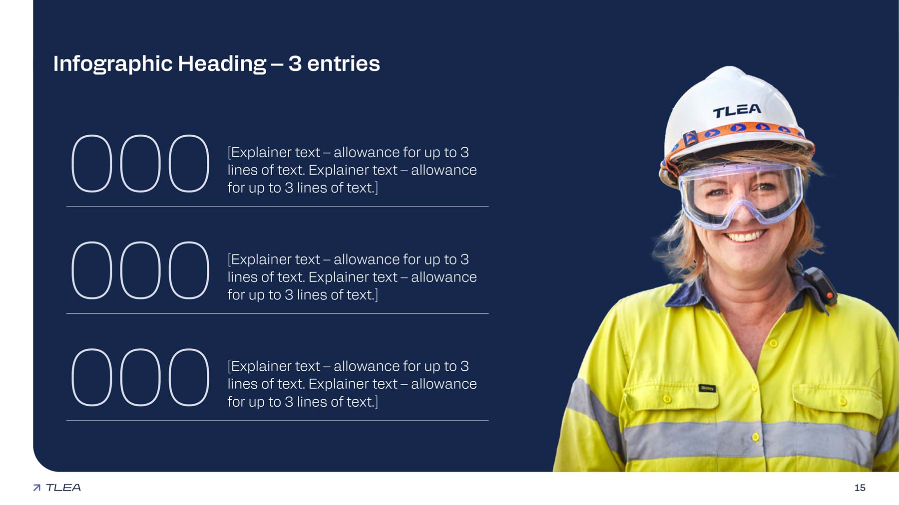 TLEA PowerPoint widescreen presentation template with a half-half image of a lady in a hard hat on the right and infographics on the left
