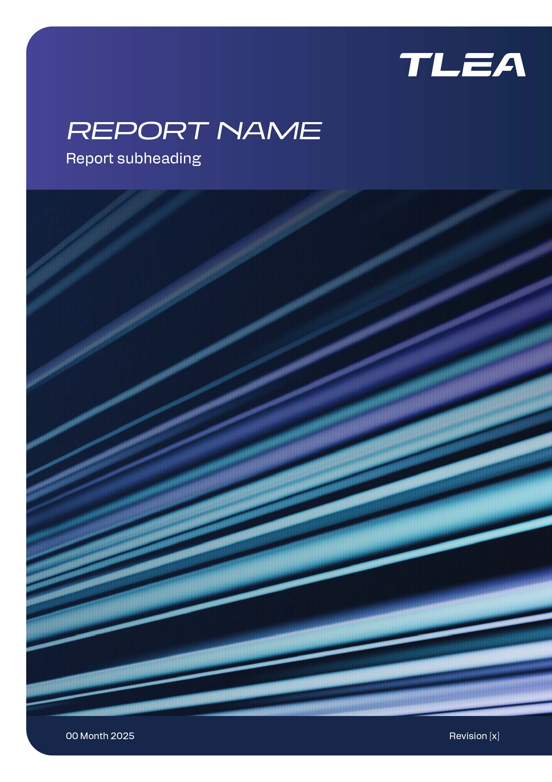 TLEA A4 Word Long Report template with purple banners top adjoined to the brand image taking up the rest of the page - logo top right, heading top left.