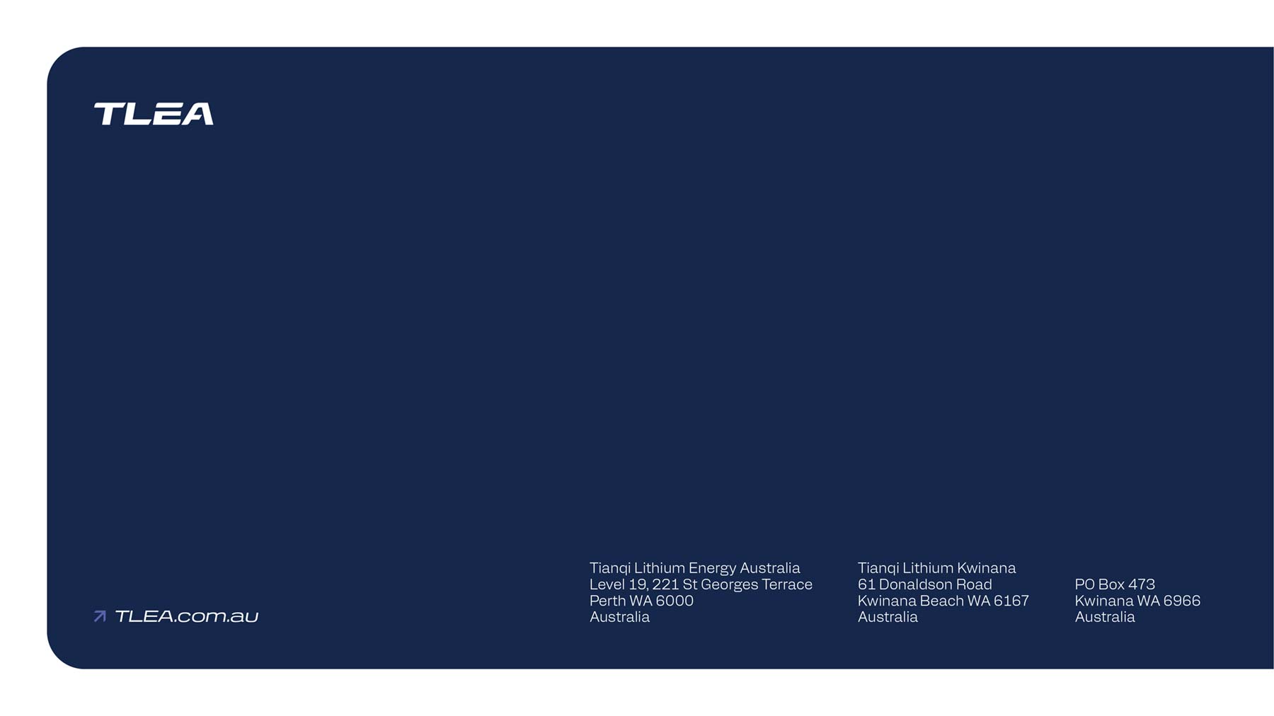 TLEA PowerPoint widescreen presentation template back cover with purple background and addresses at bottom right, logo at top left