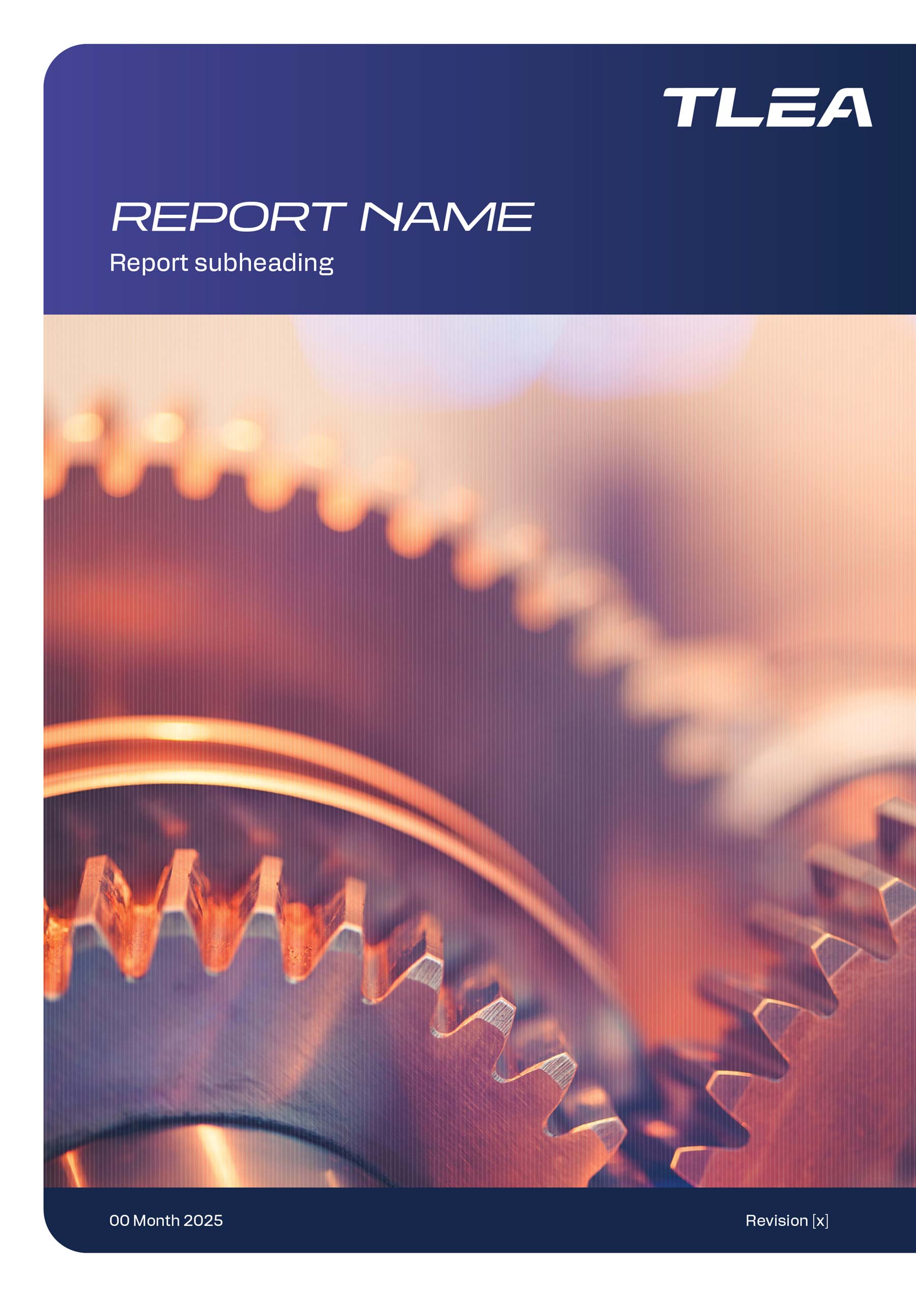 TLEA A4 Word Long Report template with purple banners top adjoined to the brand image taking up the rest of the page - logo top right, heading top left.