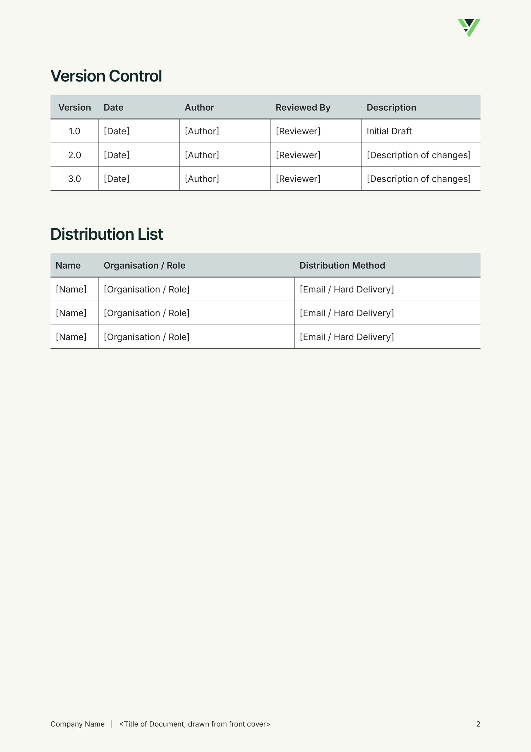 Vardel A4 Word long report template inside page with sandy coloured background and governance tables