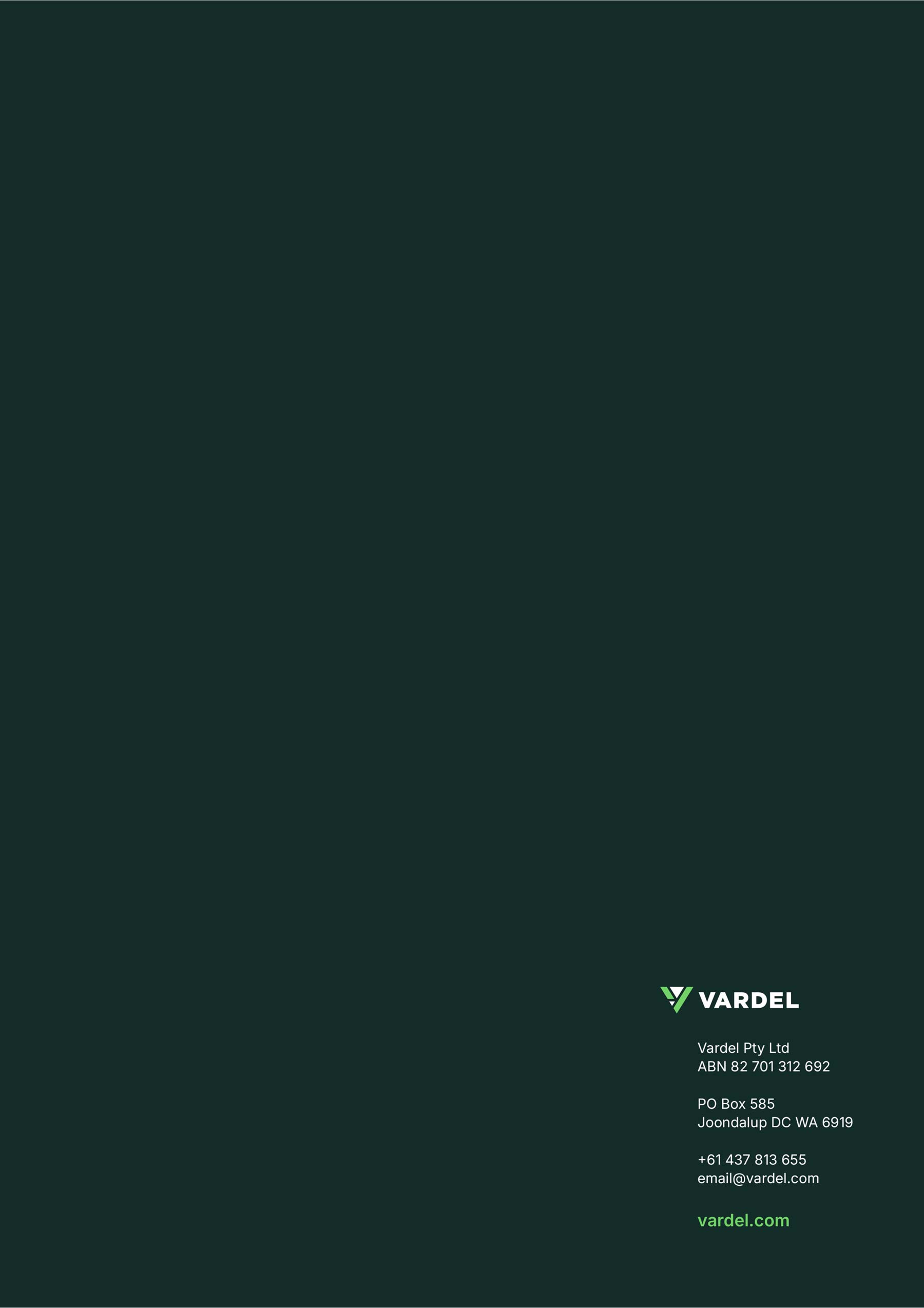 Vardel A4 Word long report template back cover with dark green and logo and address in bottom right corner