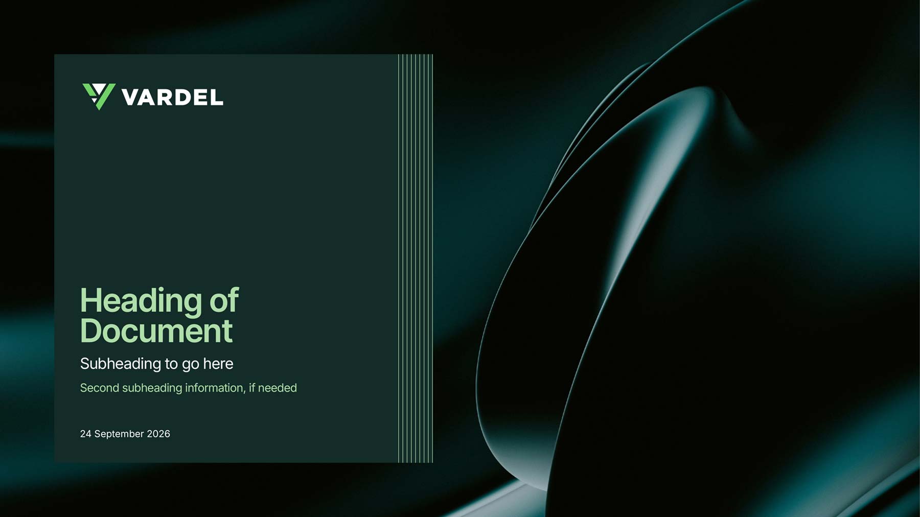 Vardel PowerPoint widescreen presentation cover with dark green square holding the logo top left and headings on bottom left. In the background is a brand image behind the other items