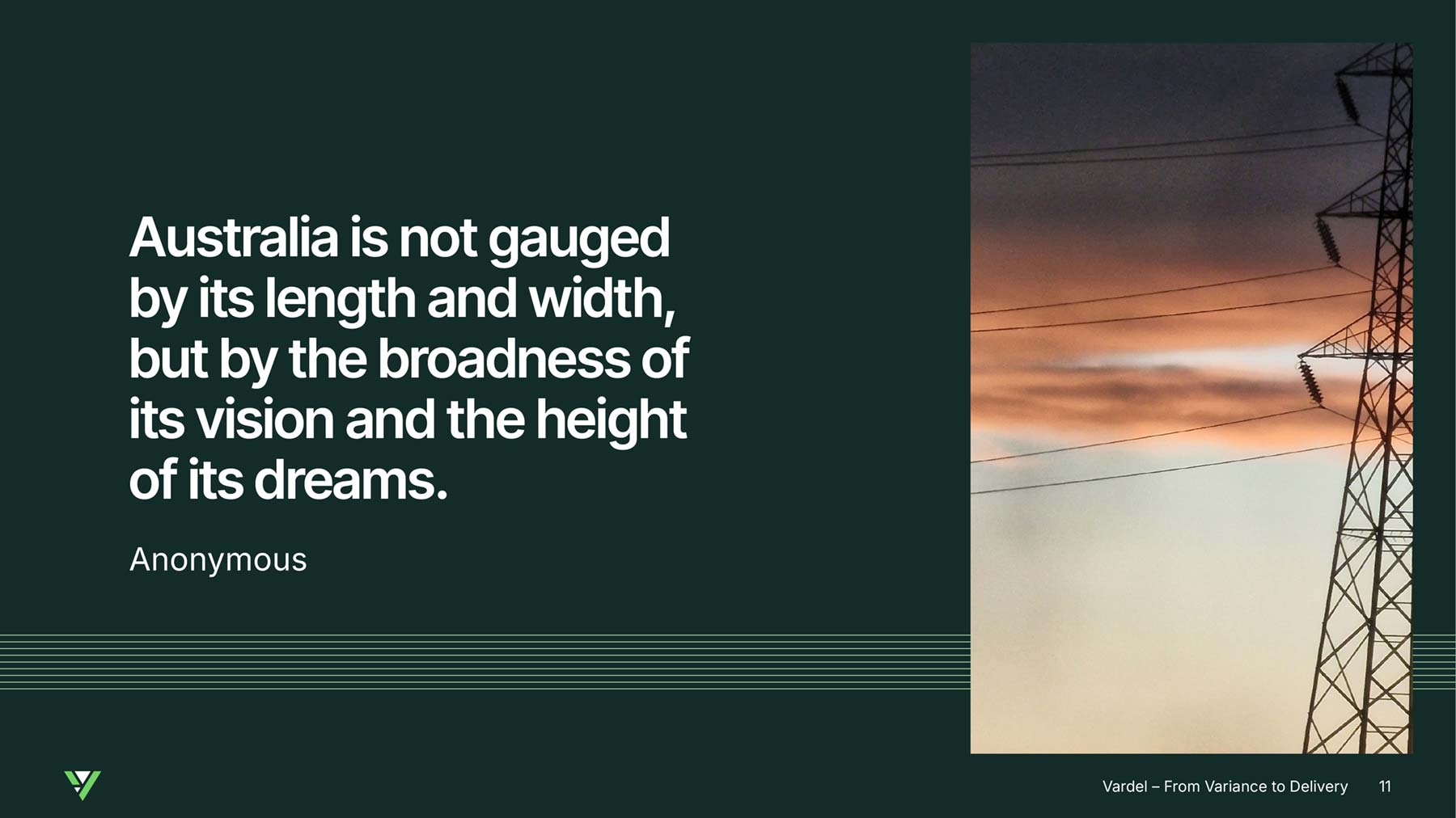 Vardel PowerPoint widescreen presentation quote page with dark green background, rectangular portrait image on right, and quote text on left.