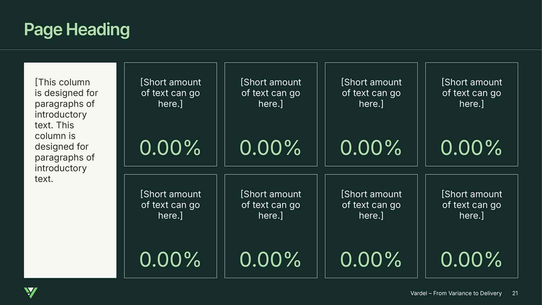 Vardel PowerPoint widescreen presentation page with dark green background, 8 blocks of infographics with text, then on the left hand side is a vertical white panel with text inside