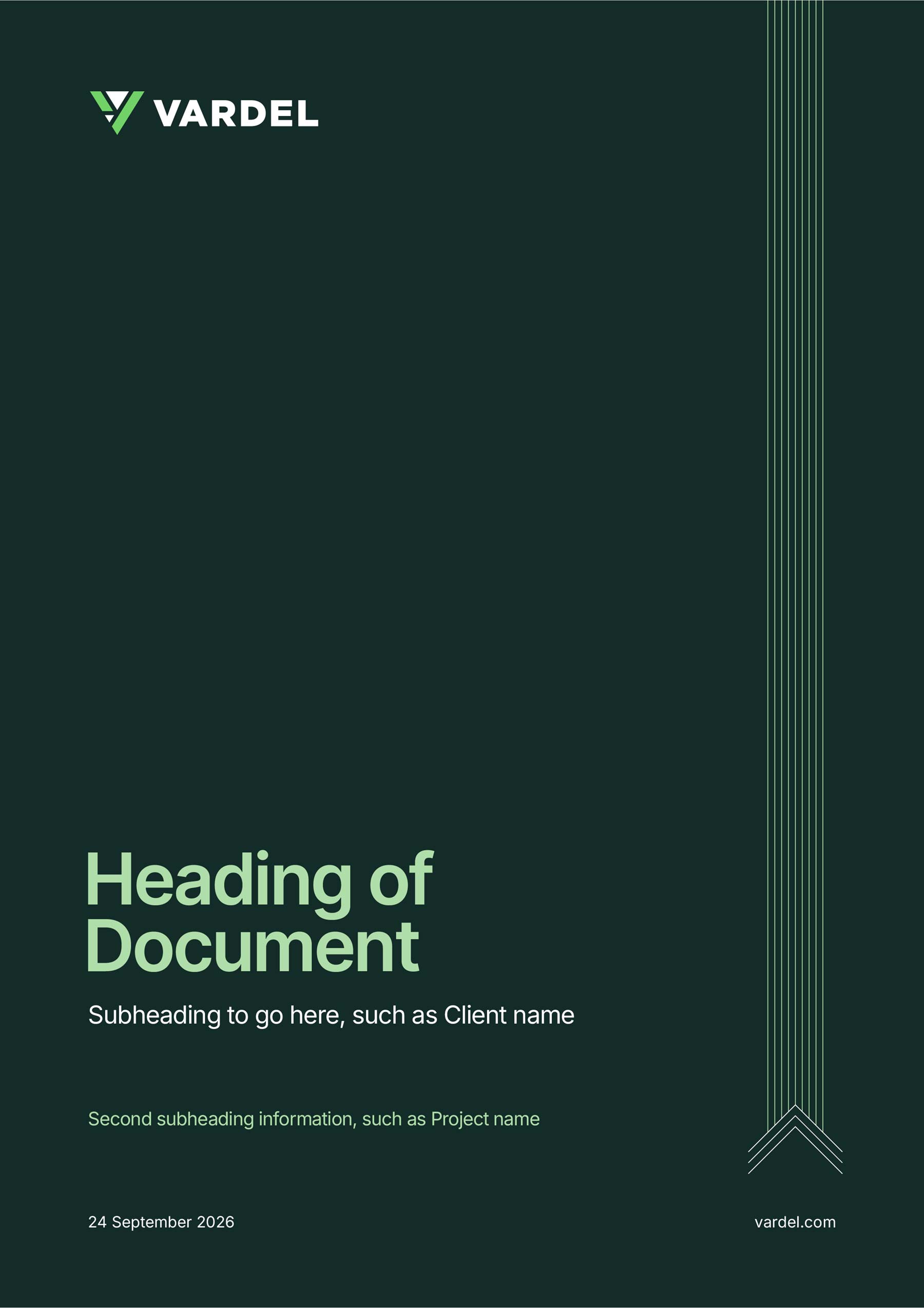 Vardel A4 Word long report template front cover with dark green background, graphics on right, logo top left and headings on bottom left