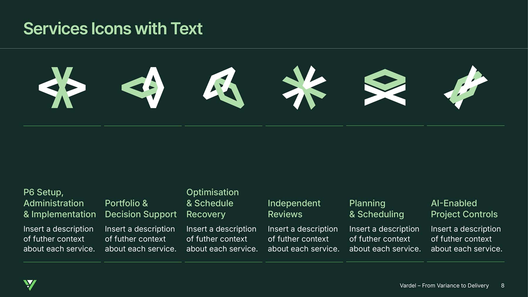 Vardel PowerPoint widescreen presentation page with dark green background, 6 x services brand icons, with text and headings below each one