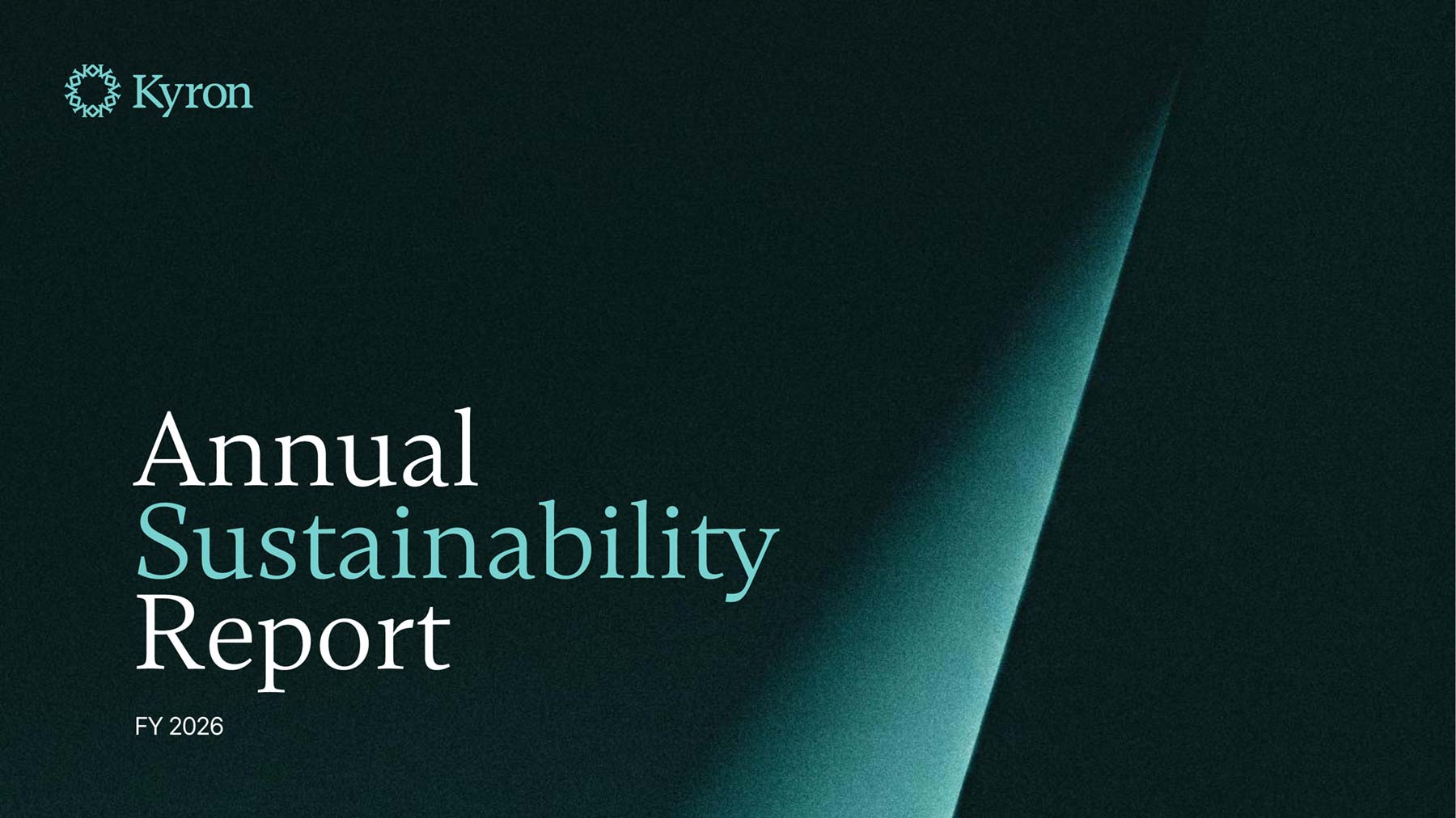 Kyron widescreen PowerPoint template cover with a dark green graphic background and large title wording saying Annual Sustainability Report