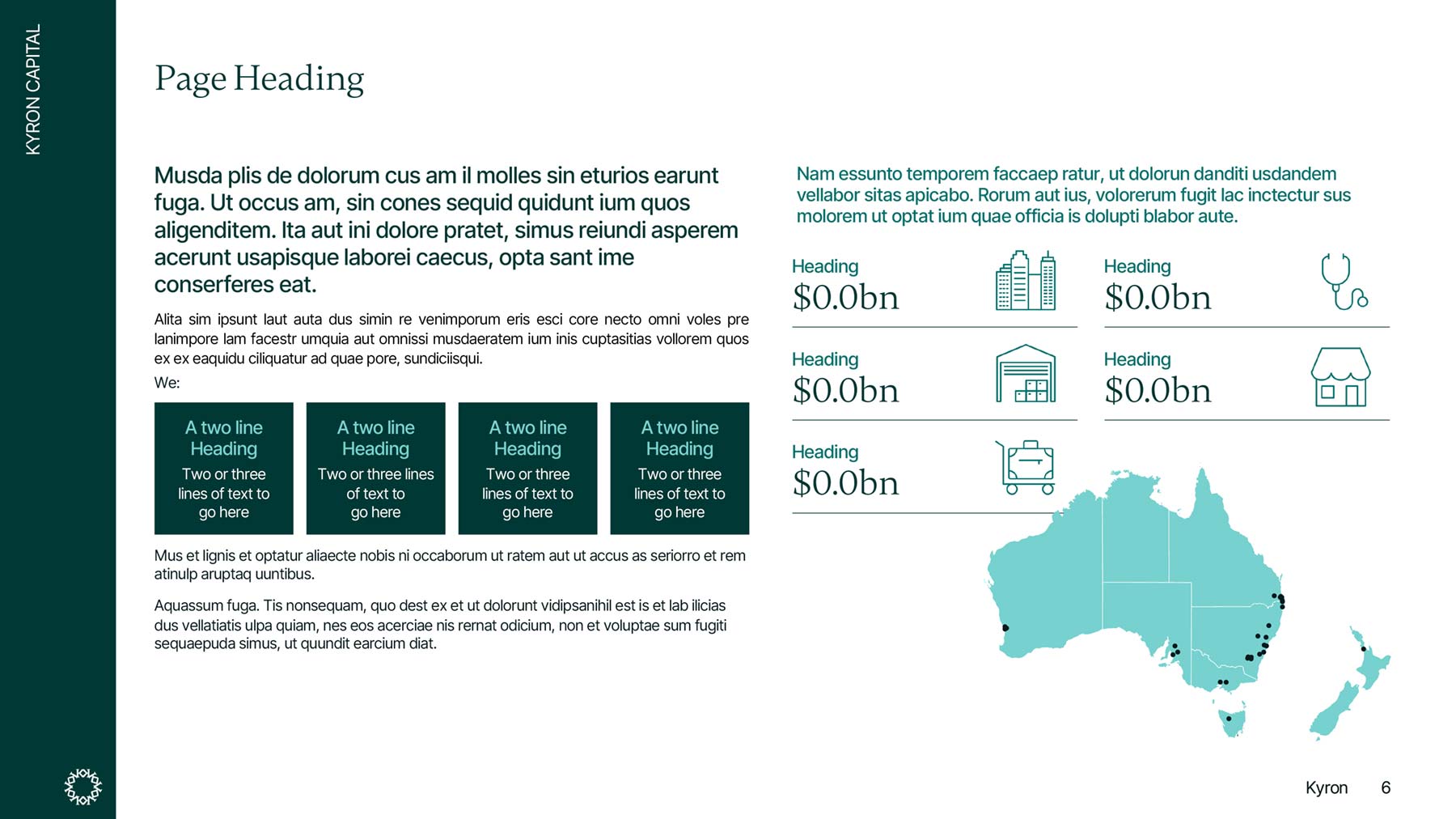 Kyron widescreen PowerPoint template page with data, map and text