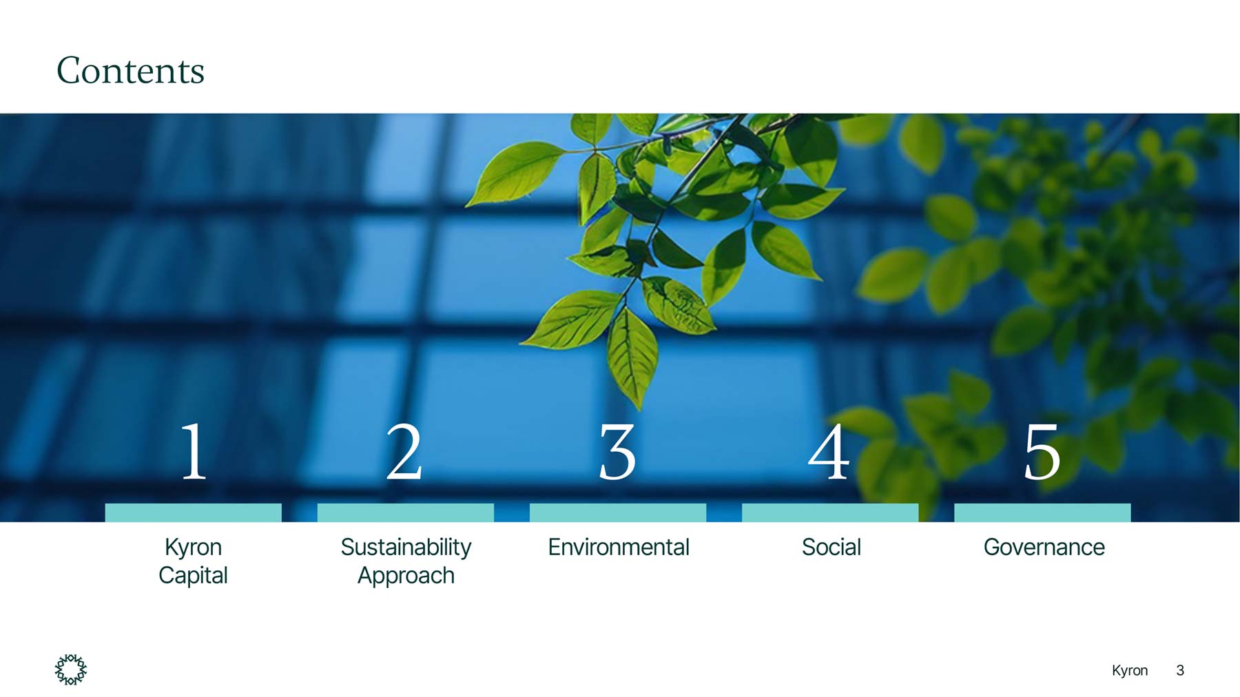Kyron widescreen PowerPoint template contents page with leafy image and 5 x contents entries at bottom