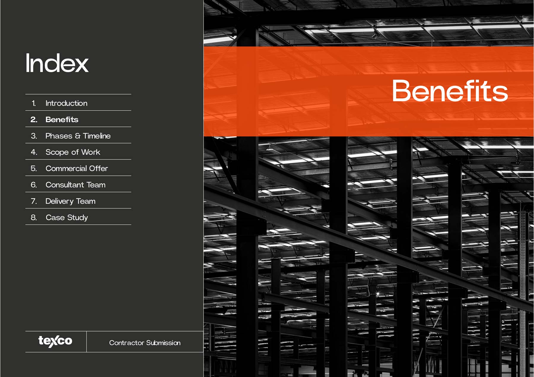 Texco A4 PowerPoint template divider page with orange banner with large heading over an image, then the index or contents on the left