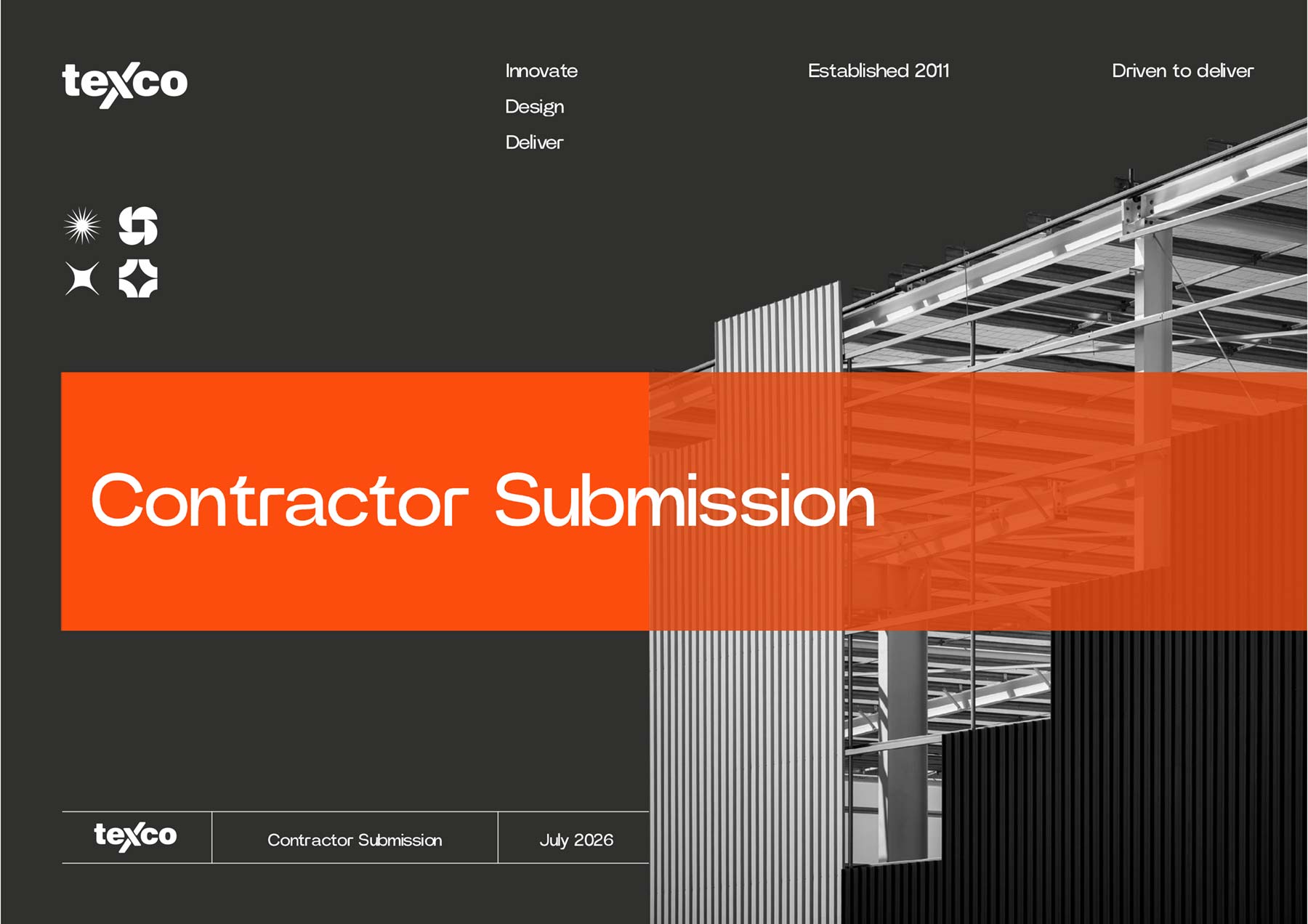 Texco A4 PowerPoint template cover page with orange banner with large heading over an image and logos and text scattered around the page