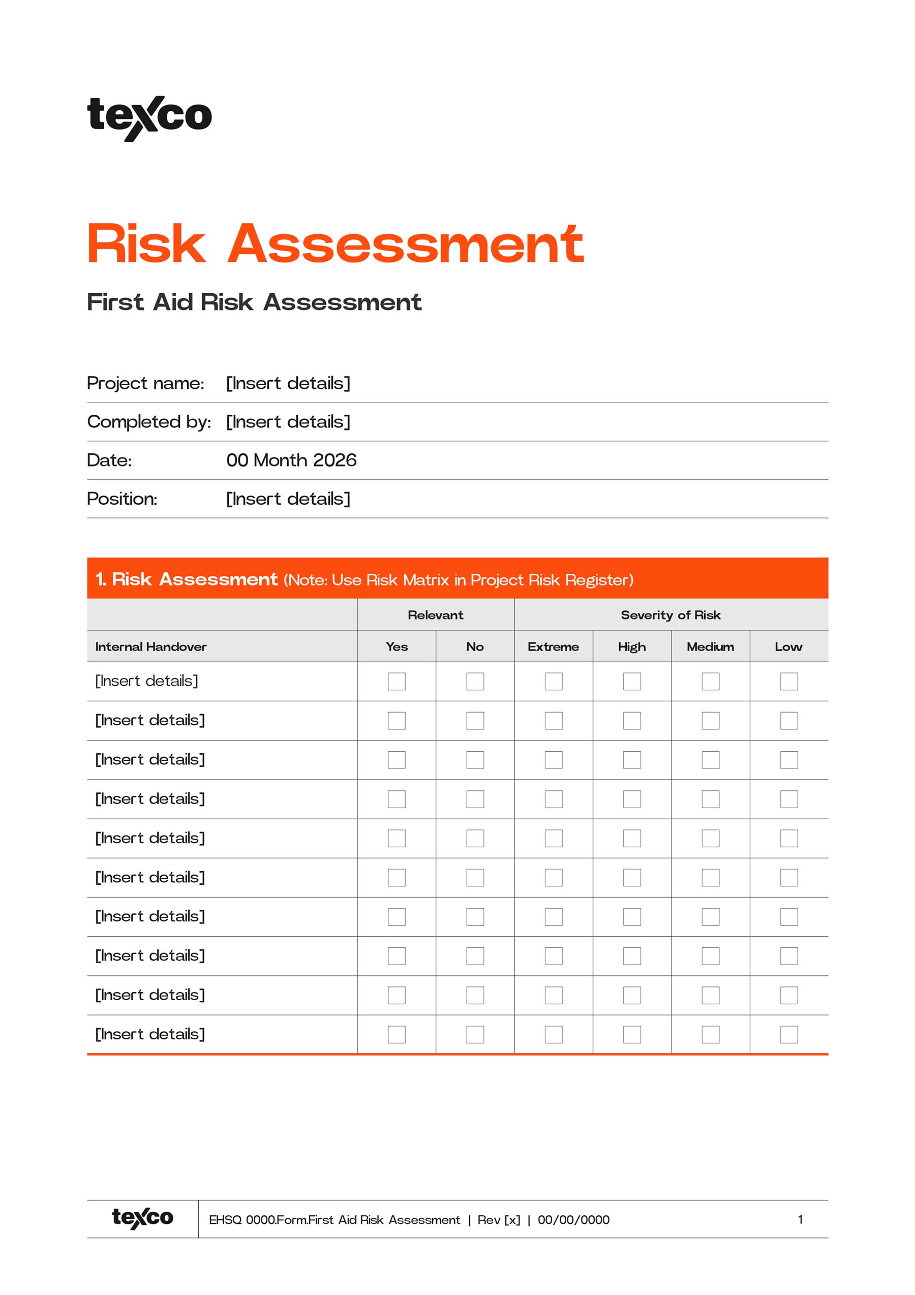 Texco A4 Word portrait template risk assessment template with orange heading and tables on the page
