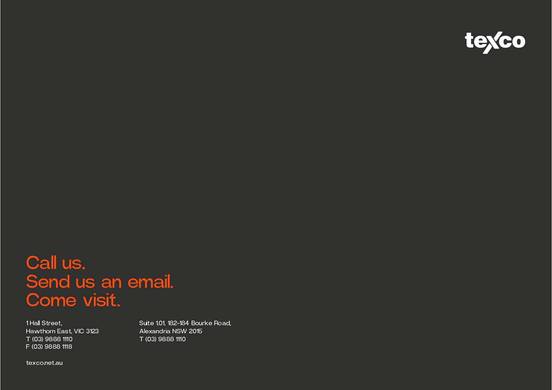 Texco A4 PowerPoint template cover back page with black background, orange writing and white logo and address