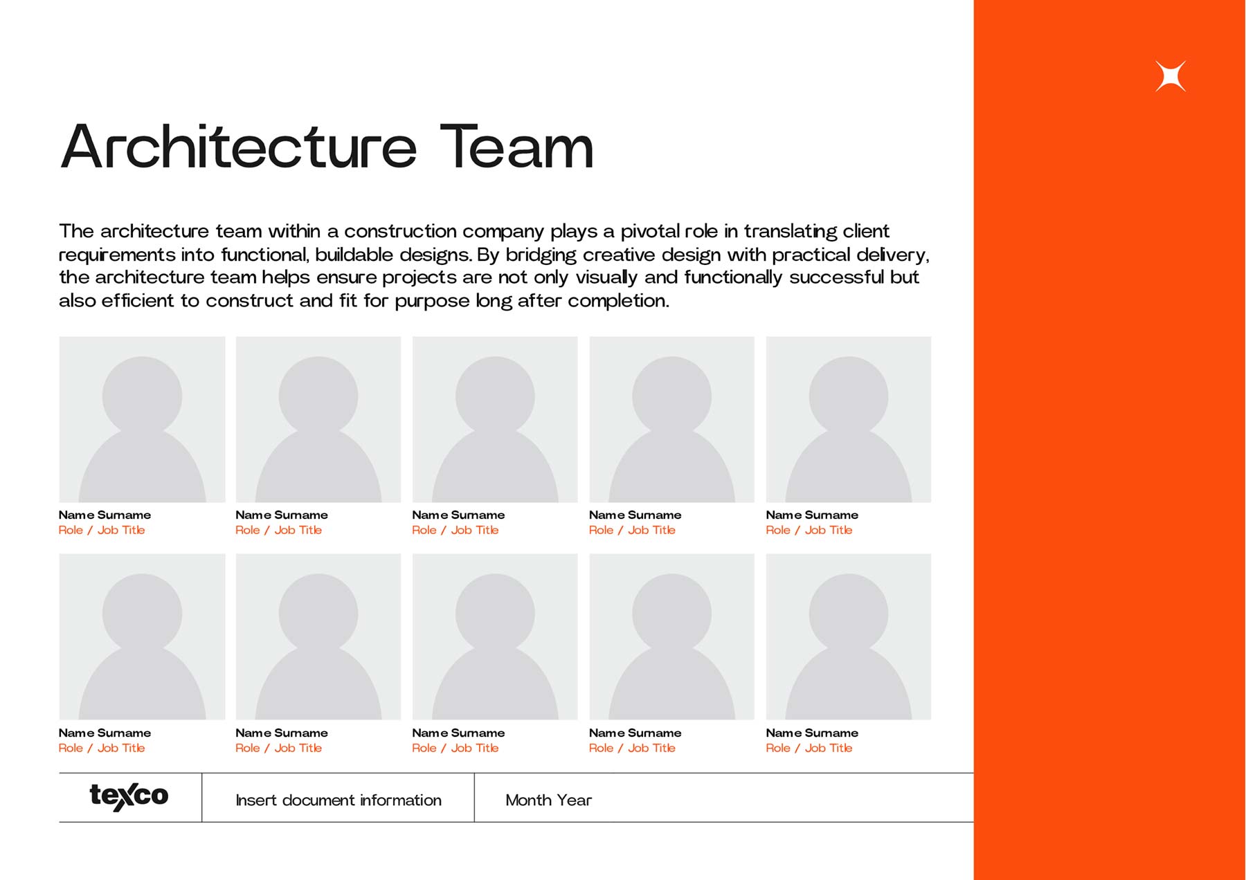 Texco A4 PowerPoint template cover people page with 10 placeholders for images of people with their names and titles below
