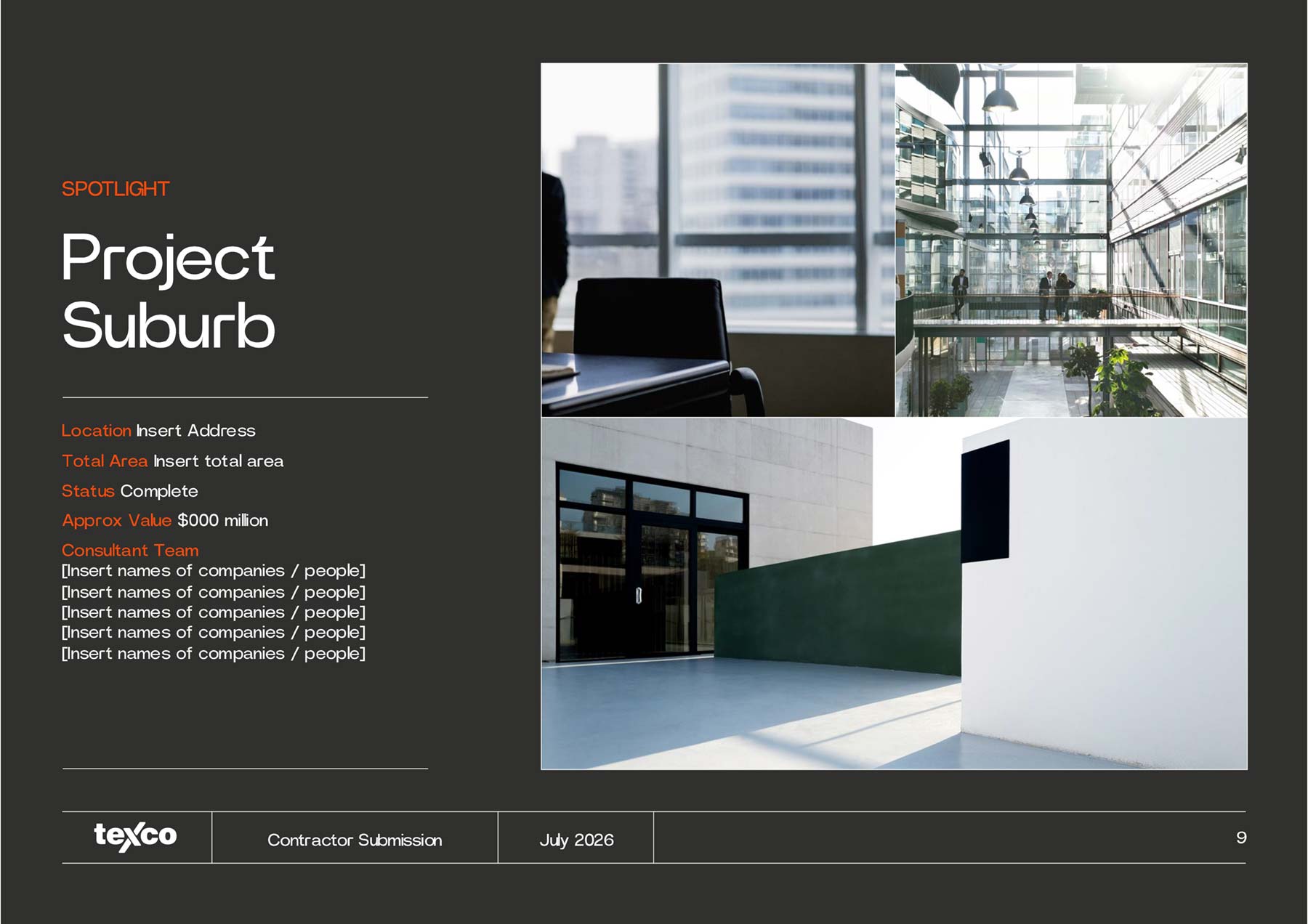 Texco A4 PowerPoint template project page with images on right and text and details of property on the left