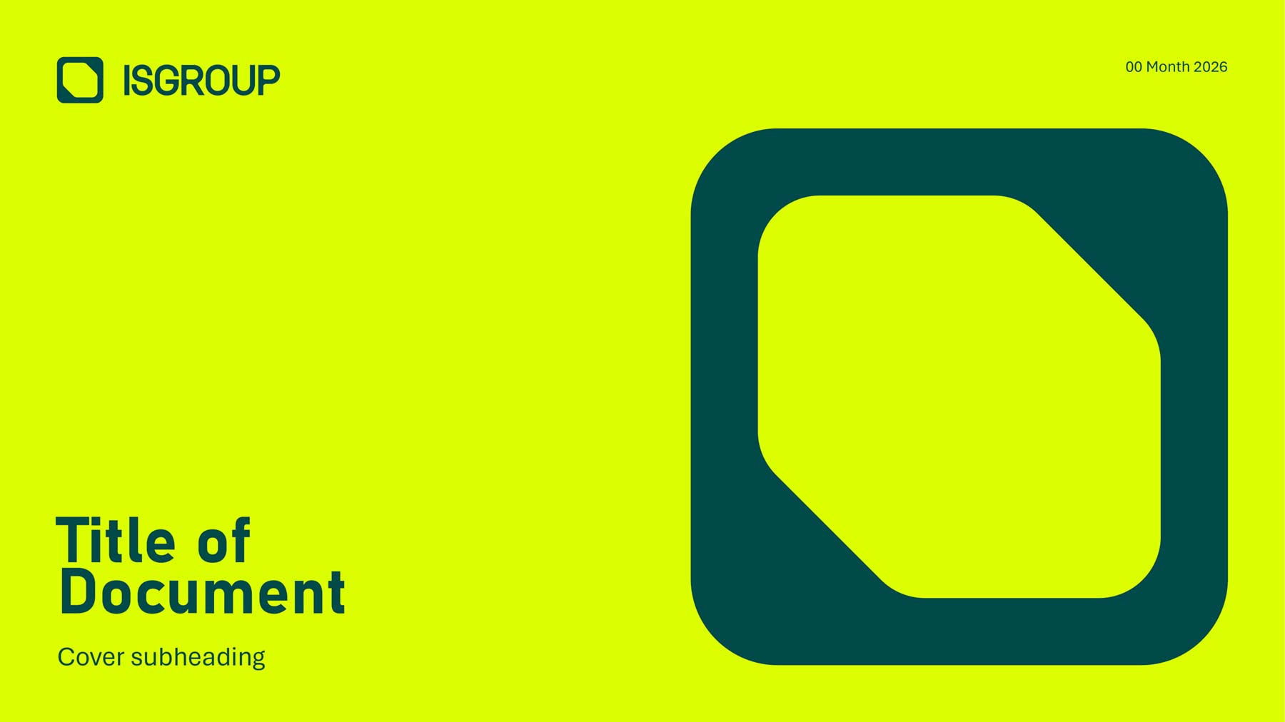 ISGroup widescreen presentation cover page with hi vis coloured background and large brand graphic on right with text on left