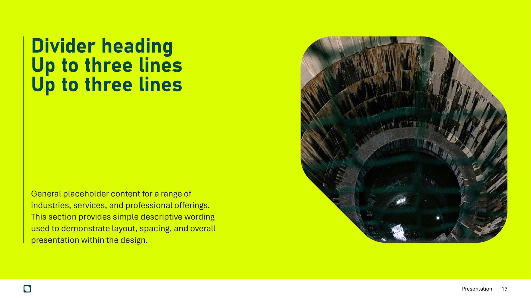 ISGroup widescreen presentation divider page with hi vis coloured background and image in brand shape with text on left hand side