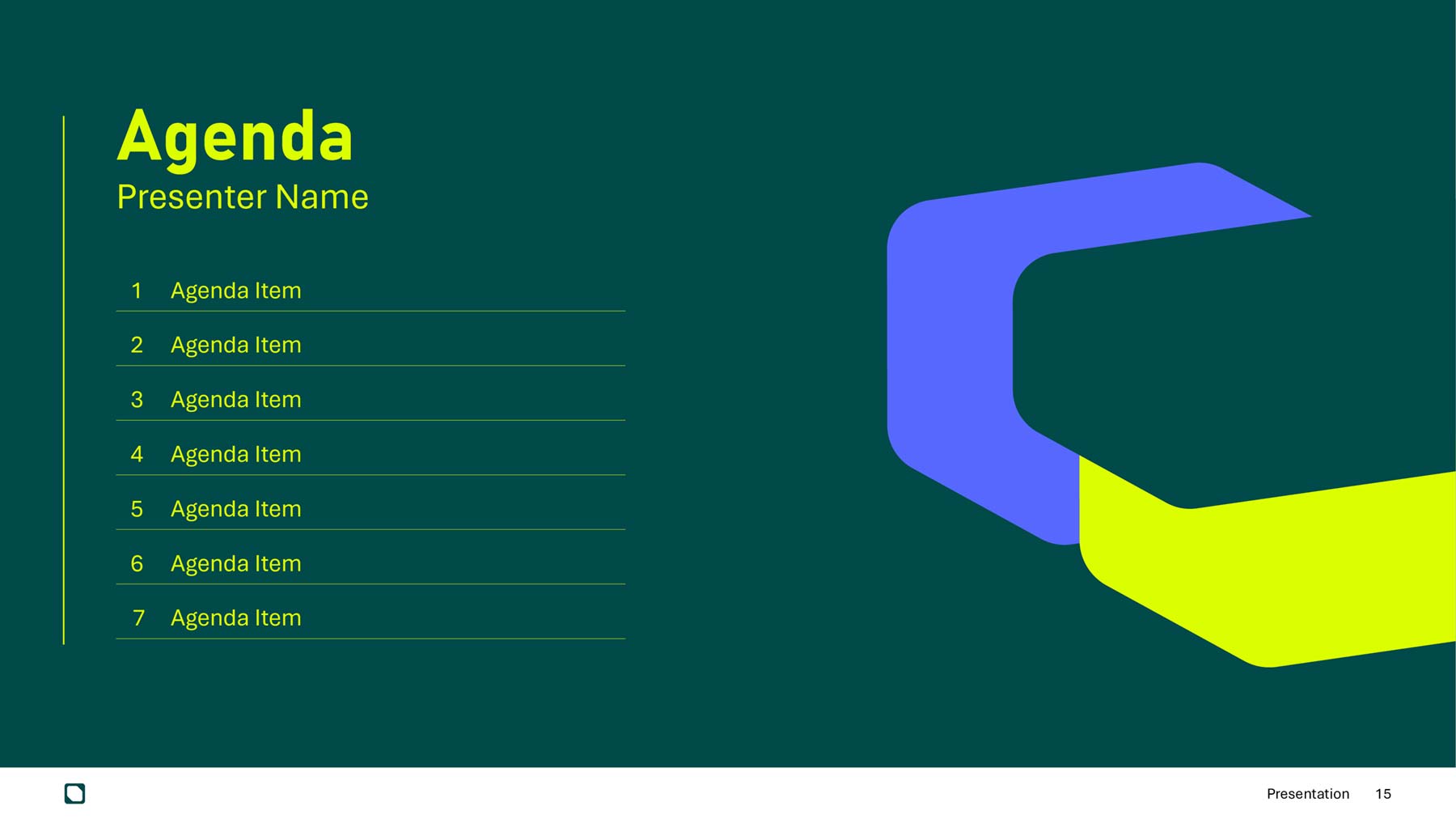 ISGroup widescreen presentation agenda slide with forest green coloured background and large brand graphic on right with agenda text on left
