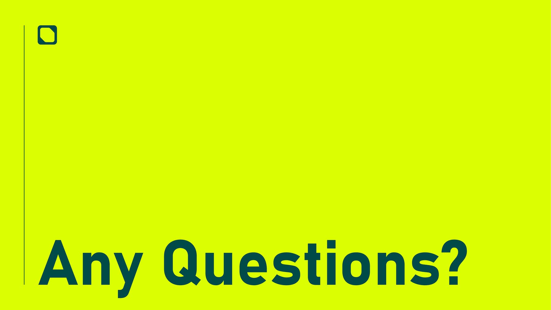 ISGroup widescreen presentation questions page with hi vis coloured background and large wording saying 'any questions?'