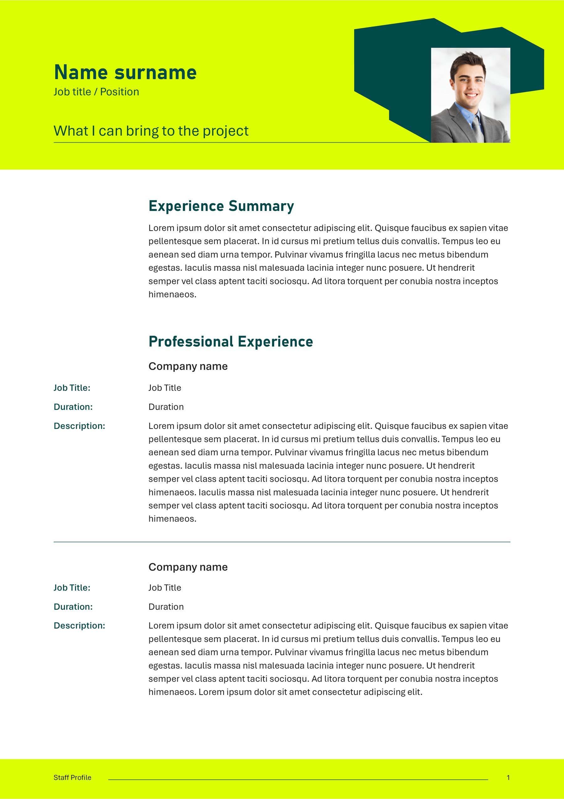 ISGroup A4 Word template with CV page with brand graphic with image at top right, high vis banner along the top with wording in the centre of the page