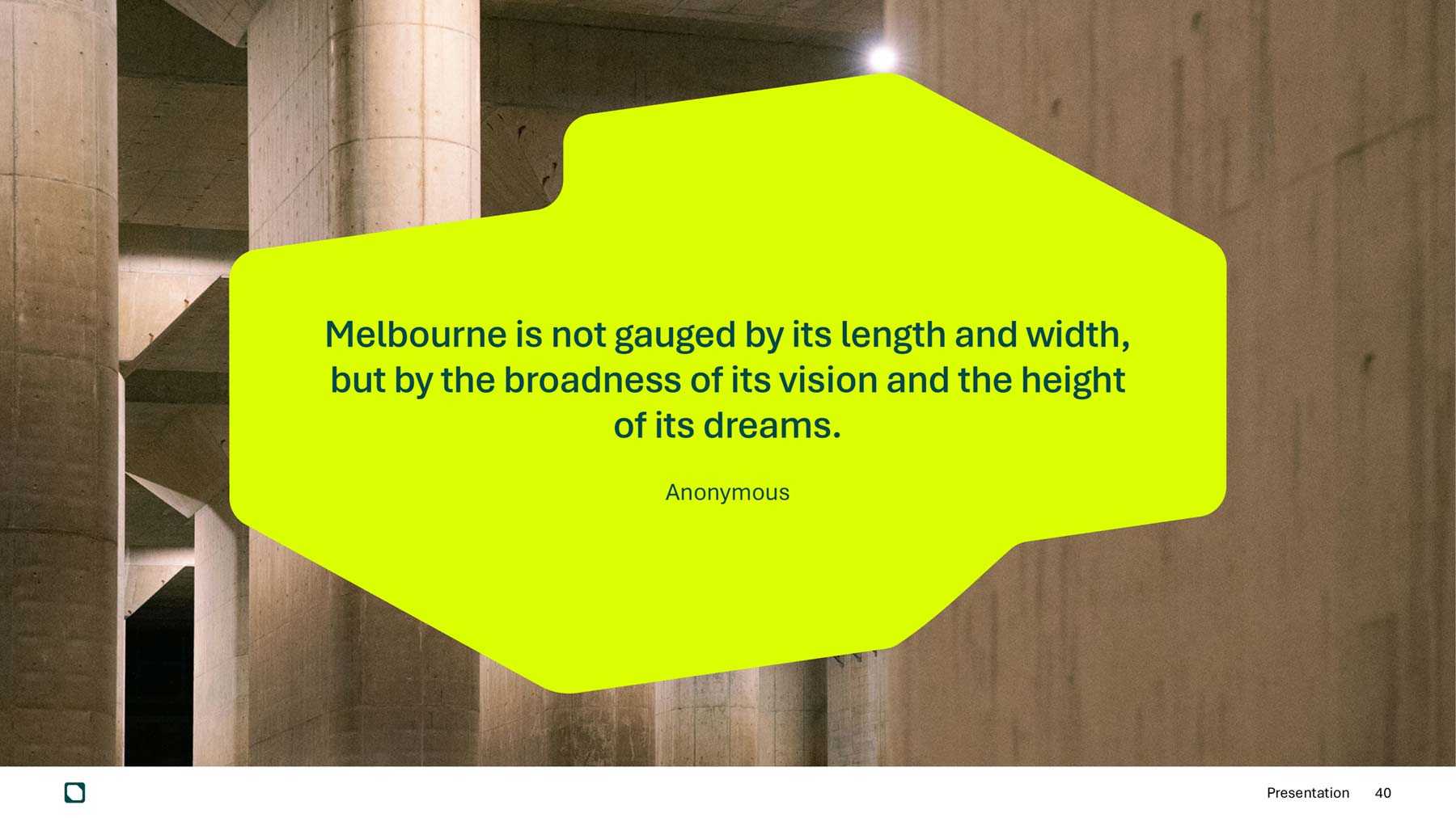 ISGroup widescreen presentation quote page with image in background and hi vis colour brand shape with green text on top