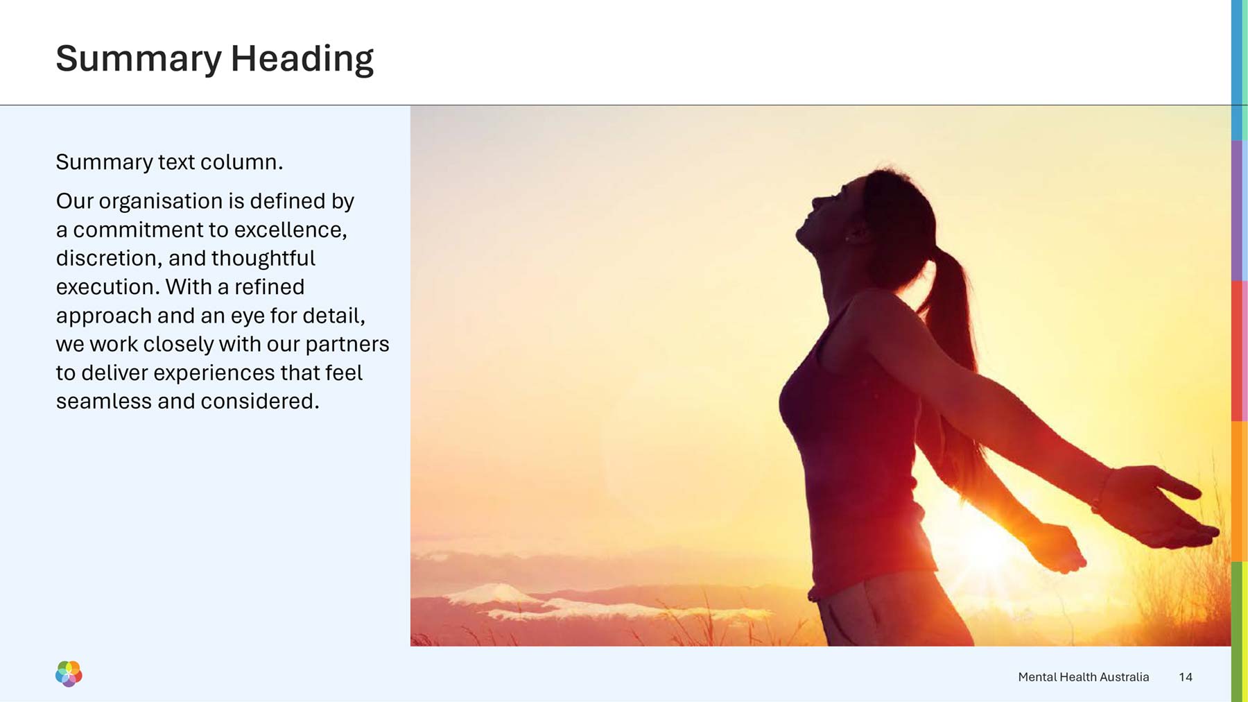 Mental Health Australia widescreen presentation PowerPoint template with image on right and text on left