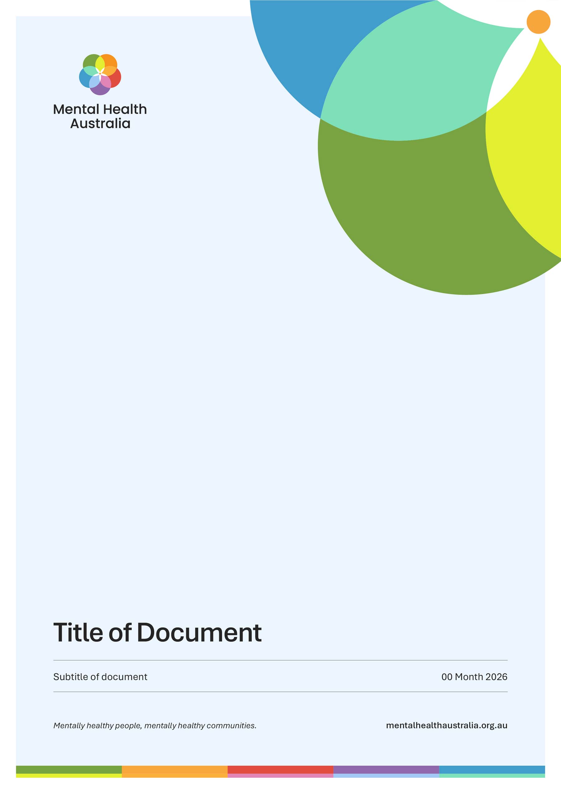Mental Health Australia A4 portrait Word template cover page with brand graphic at top right, logo top left and heading details at the bottom