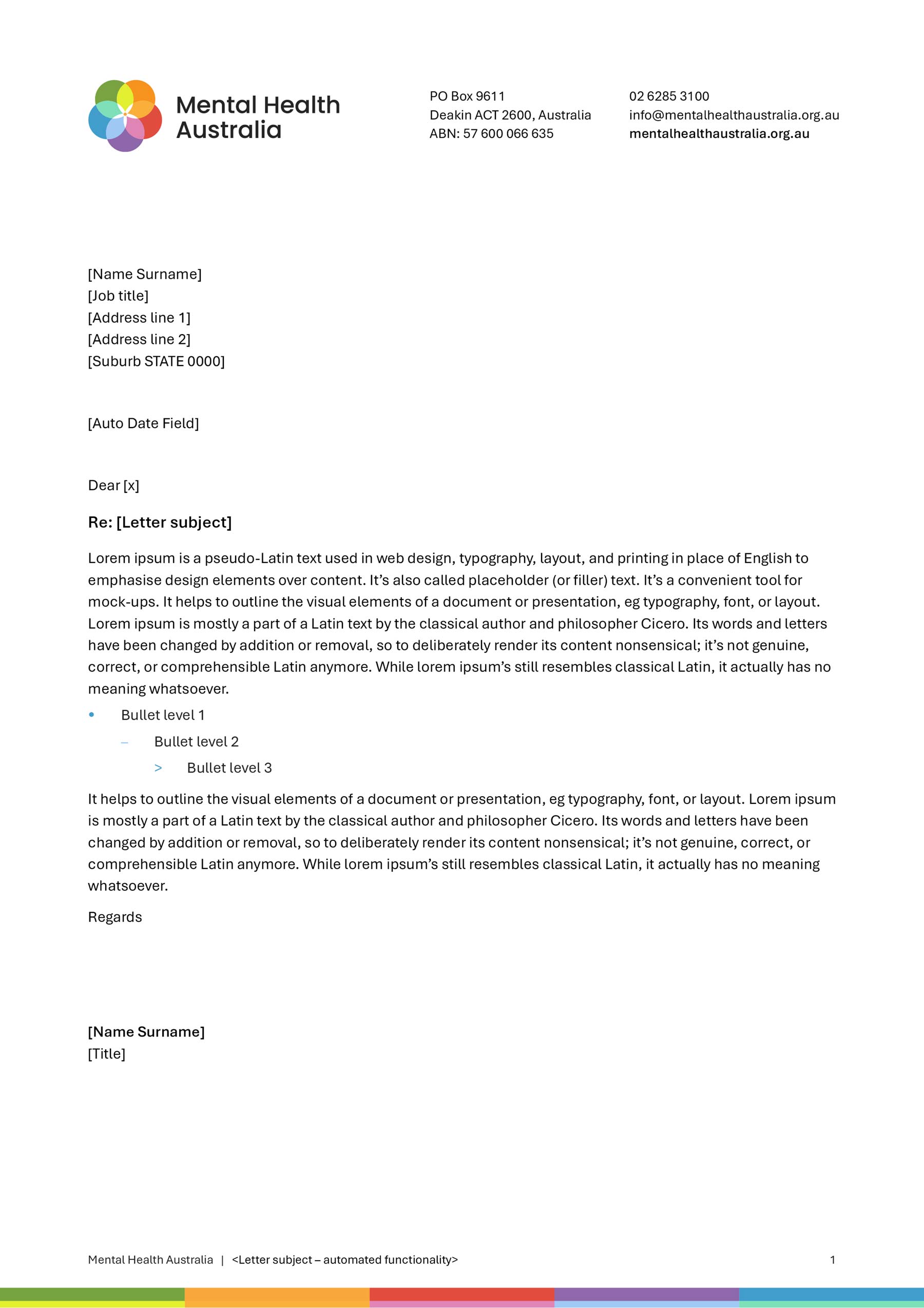 Mental Health Australia A4 portrait Word template letterhead with address at top right, logo top left and text in the middle of the page